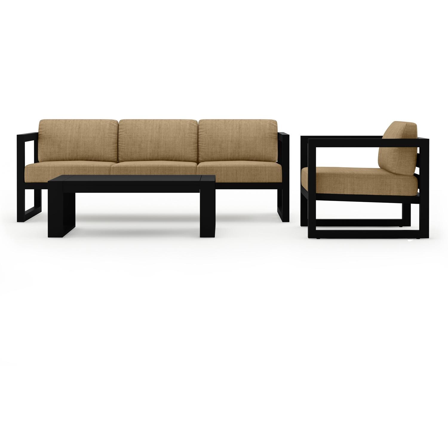 Misty Cove 3 Pc Aluminum Seating Set w/ Sofa & Portal Coffee Table in Black/Heather Beige by Lakeview Outdoor Designs