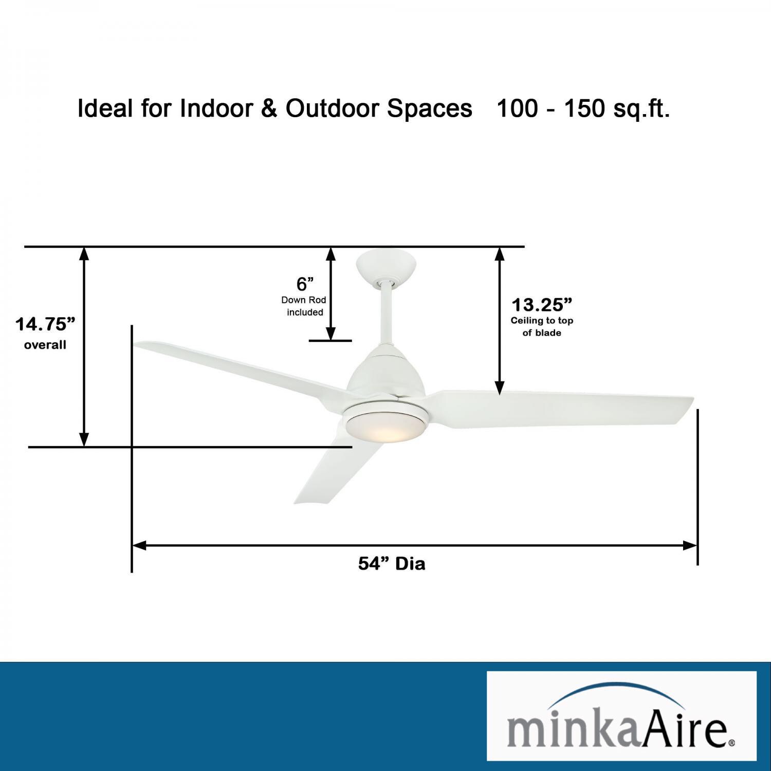 Minka-Aire F753L-WHF Java 54-Inch 3-Blade Ceiling Fan in Flat White Finish w/ Flat White Blades & Etched Opal Glass - Dimensions thumbnail