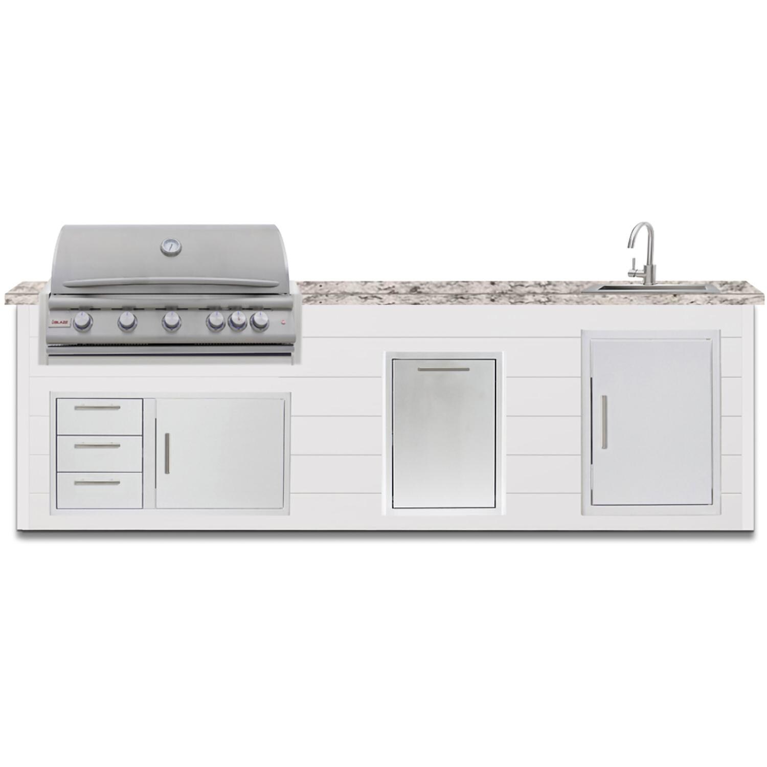 BBQGuys Signature 10 Ft Outdoor Kitchen Island w/ 40 Inch Natural Gas Blaze LTE+ Grill , Sink & Double Trash Bin | Crystal White w/ White Granite
