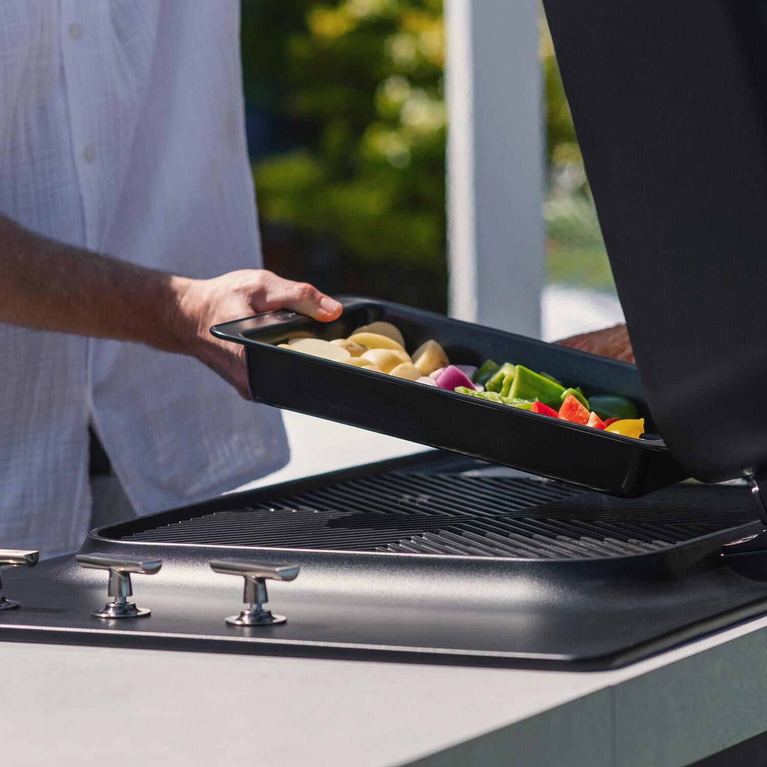 Everdure 6 1/2 Ft Outdoor Kitchen Island w/ Marine Grade Aluminum Cabinets  in Black - Grill Angled - Lifestyle thumbnail