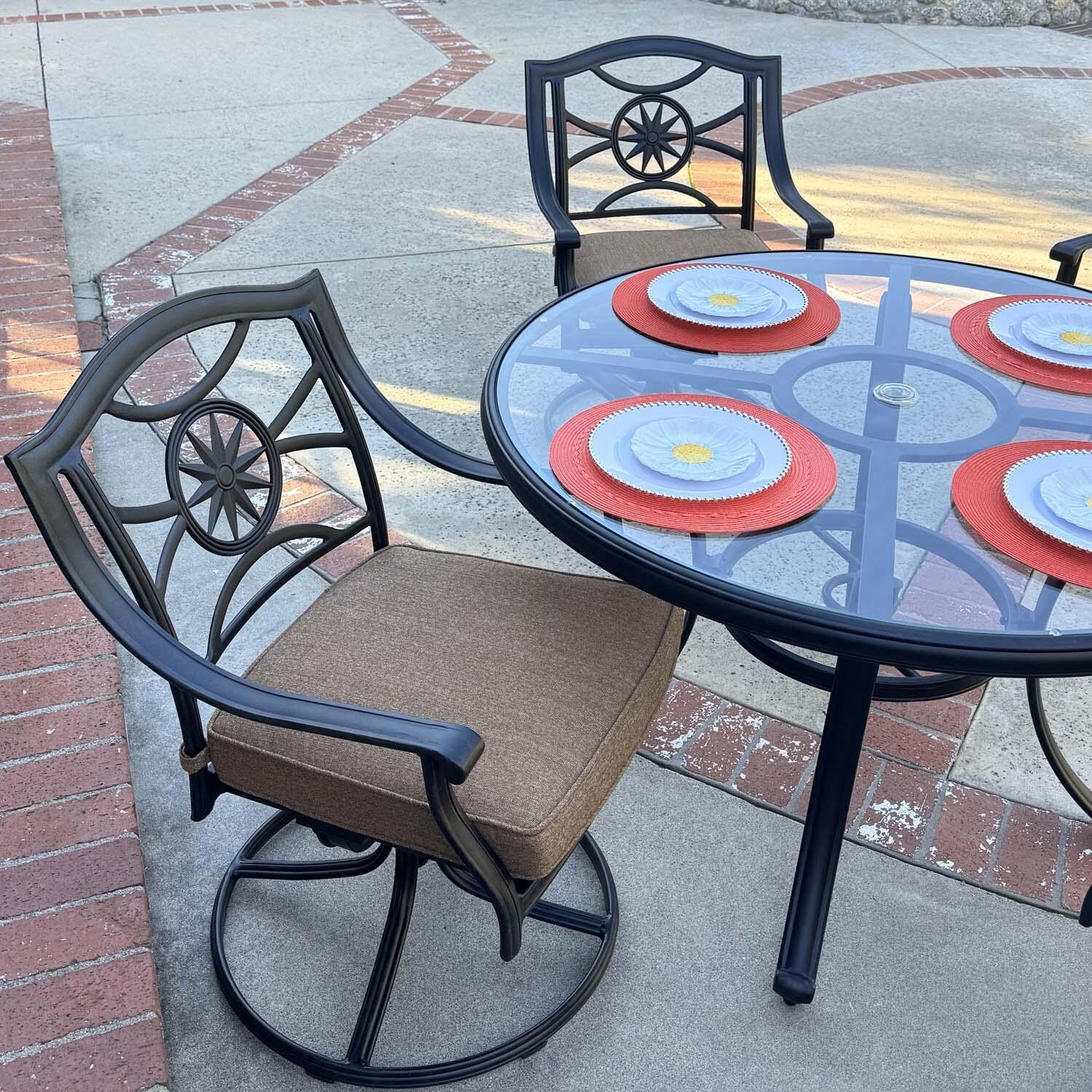 Ten Star 5 Pc Cast Aluminum Swivel / Rocker Dining Set in Antique Bronze/Sesame by Darlee - Close Up - Lifestyle thumbnail