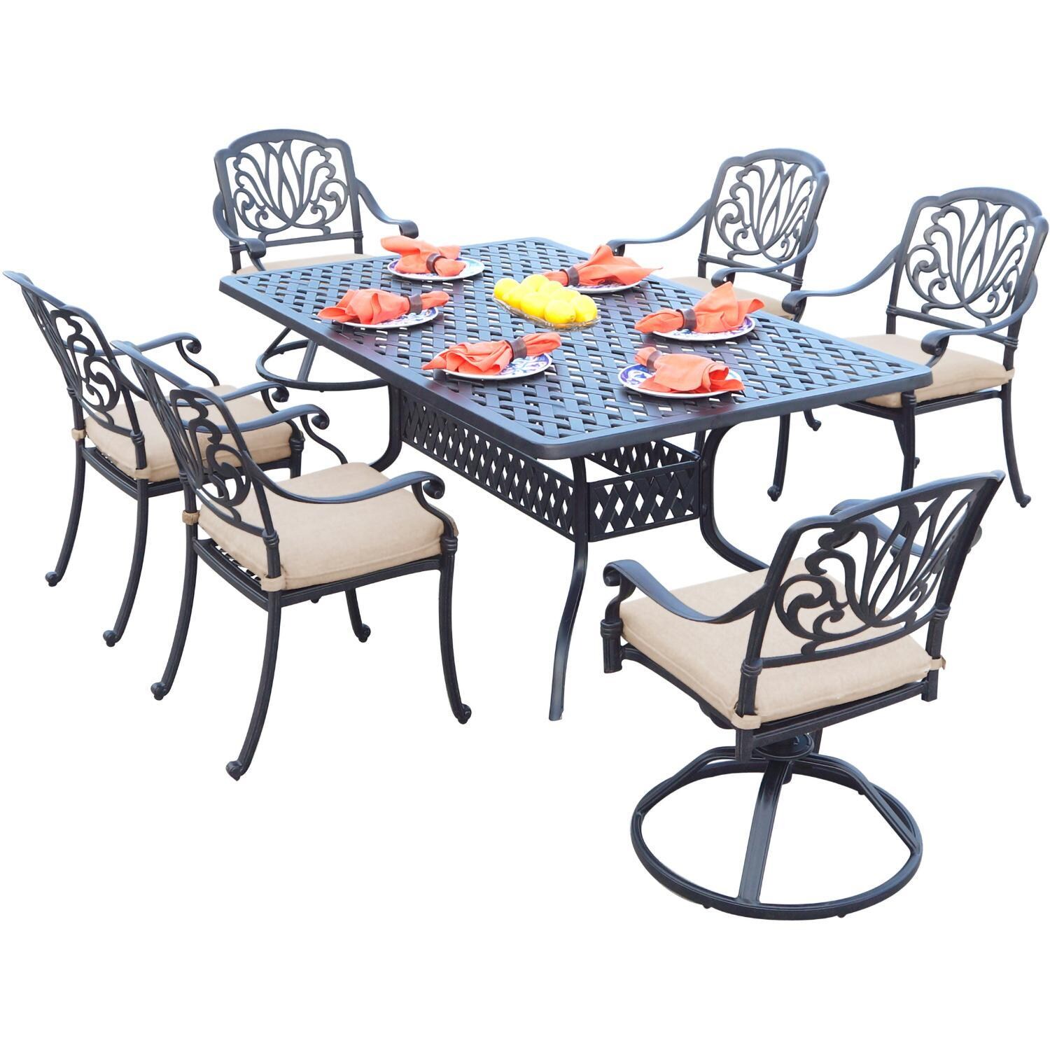 Elisabeth 7 Pc Cast Aluminum Dining Set w/ 72 X 42 Inch Series 30 Table & 2 Swivel Rockers in Antique Bronze/Beige Canvas by Darlee