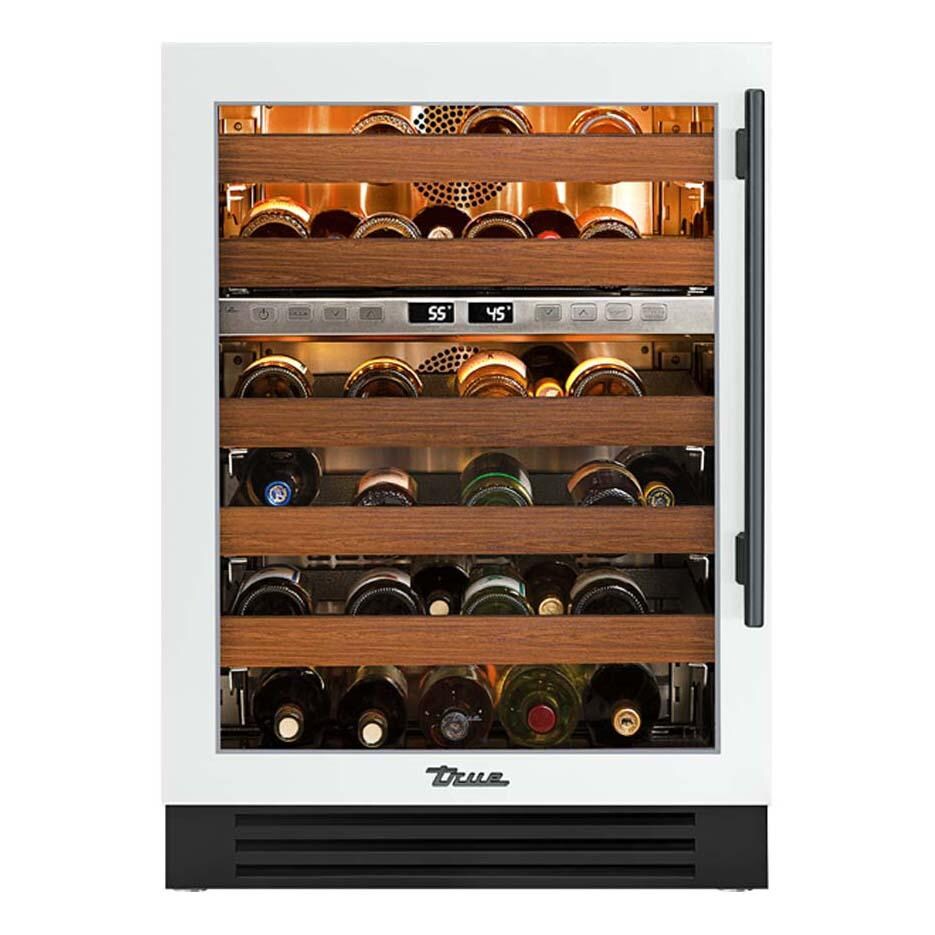 True TWC-24DZ-L-OG-C~DSK-030-H05 24 Inch 45 Bottle Left Hinge Glass Door Outdoor Dual Zone Wine Cabinet - Matte White w/ Pewter Handle - White Background thumbnail