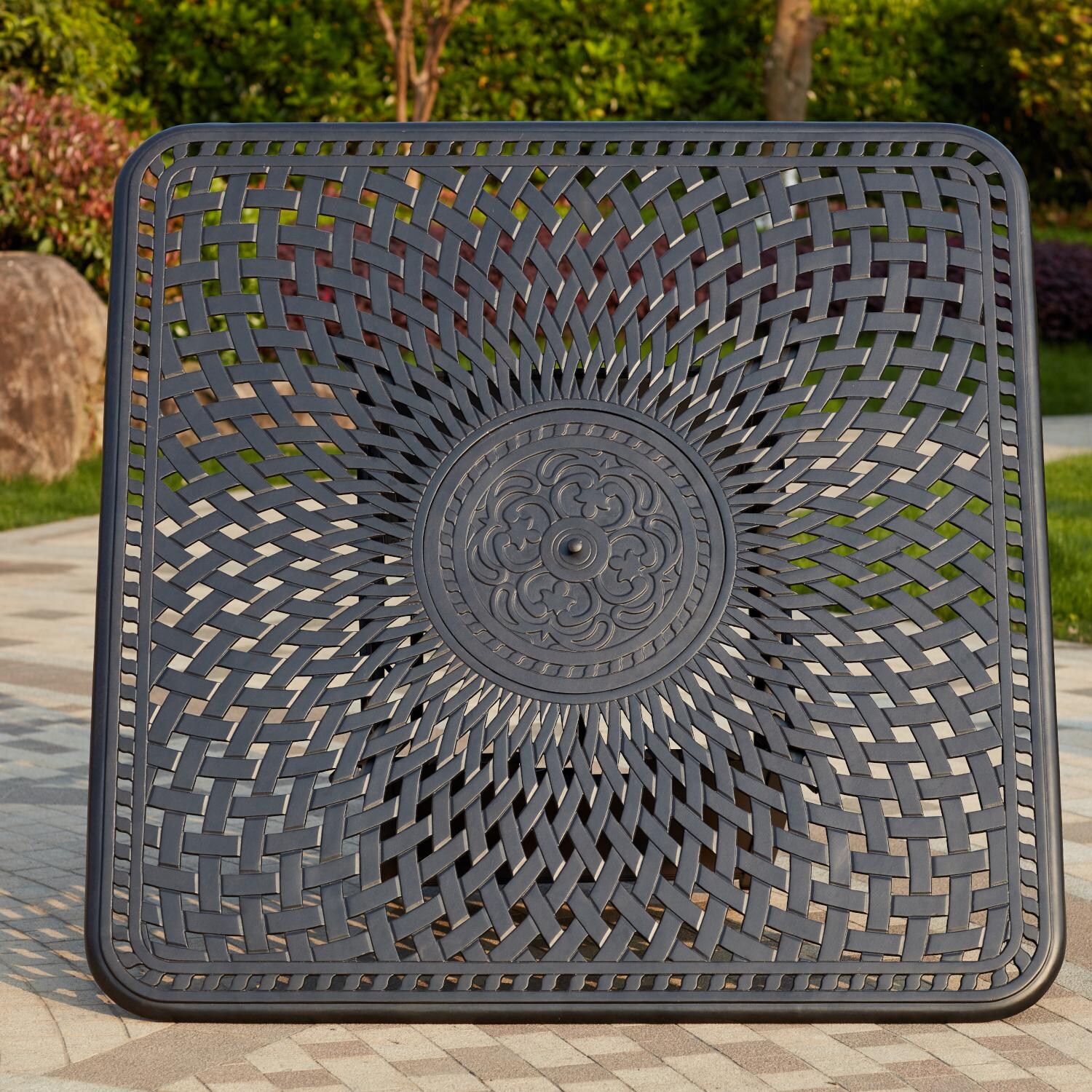 Darlee 201030-9PC-60GW Sedona 9 Piece Cast Aluminum Patio Fire Pit Dining Set W/ 64 Inch Square Table & Sesame Cushions - Fire Pit Table Top thumbnail