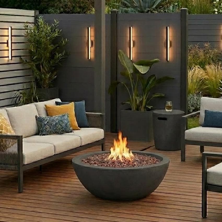 Lakeview Outdoor Designs SC-C539NG-SHL Creekwood 36-Inch Round Natural Gas Fire Bowl - On Patio at Night - Lifestyle thumbnail