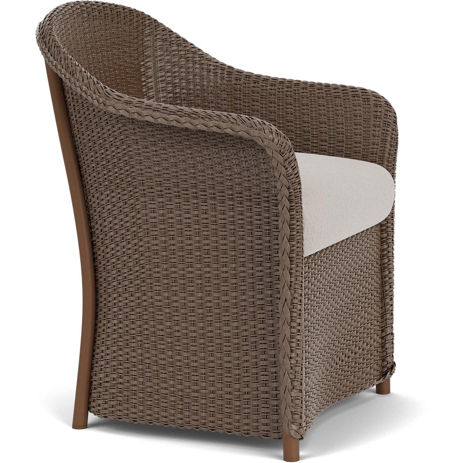 Lloyd Flanders Weekend Retreat Dining Armchair in Bark Finish W/ Remy Cloud Fabric - Angled thumbnail