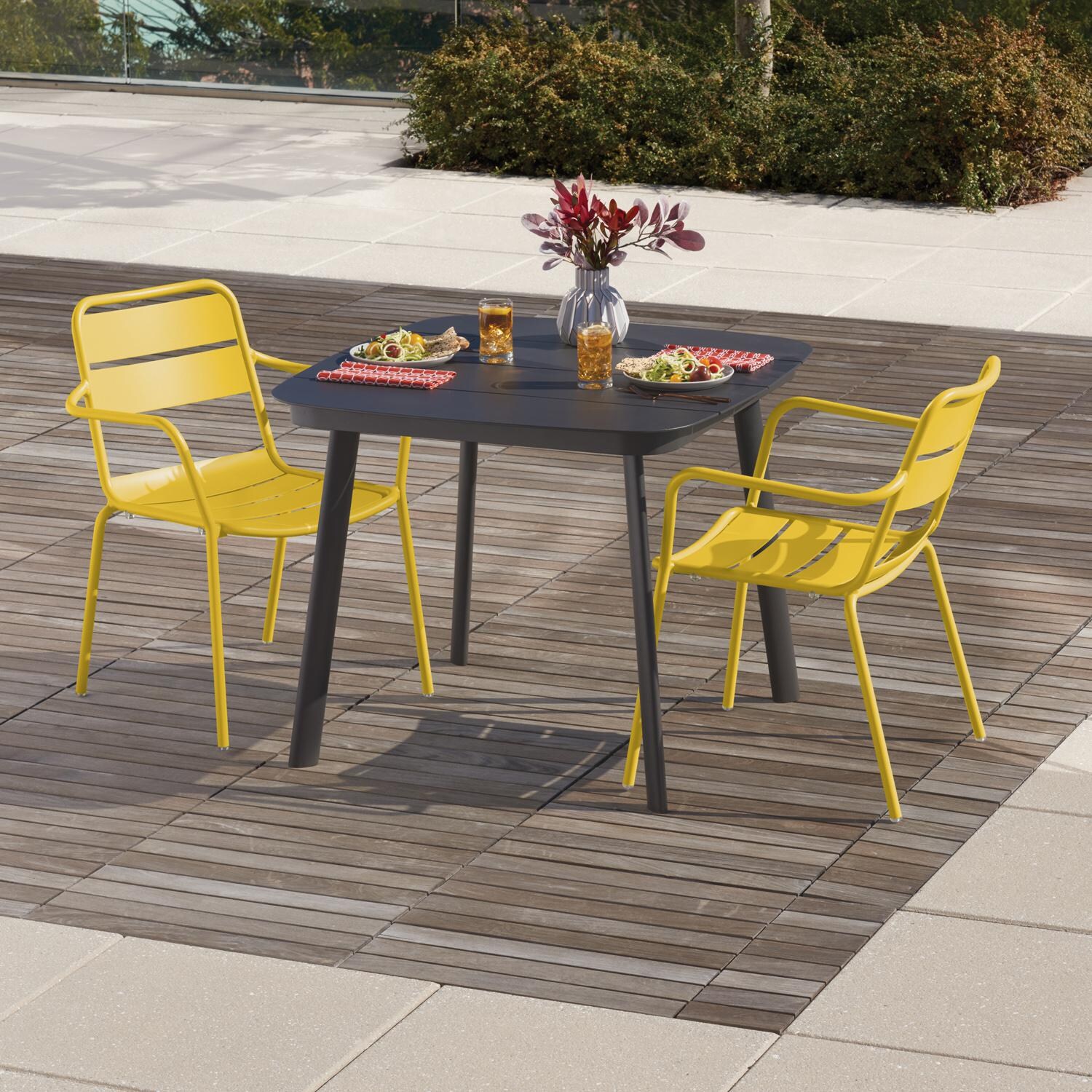 Oxford Garden Kapri 3 Pc Aluminum Dining Set W/ Arm Chairs in Carbon/Saffron thumbnail