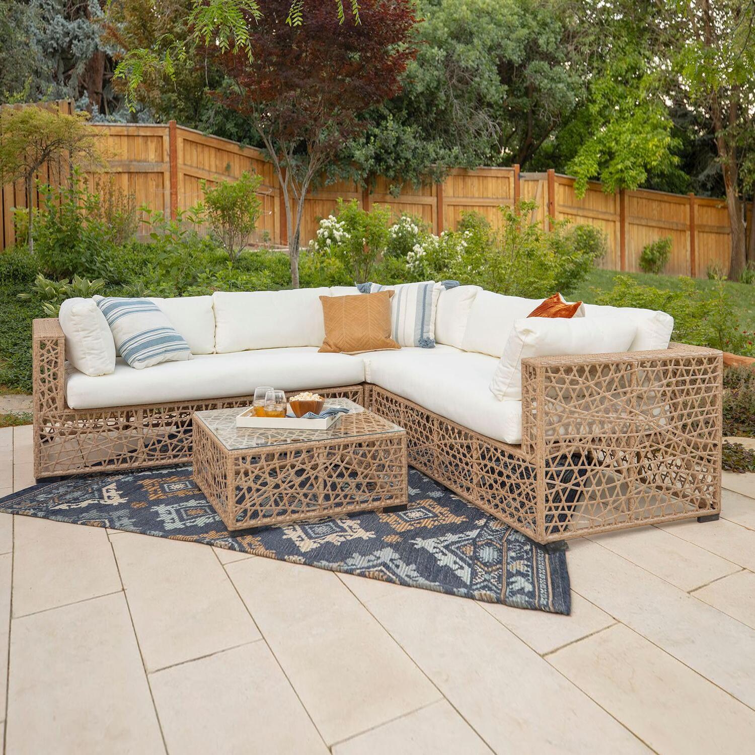 Fremont 4 Piece Wicker Patio Sectional Set W/ Natural Cushions By