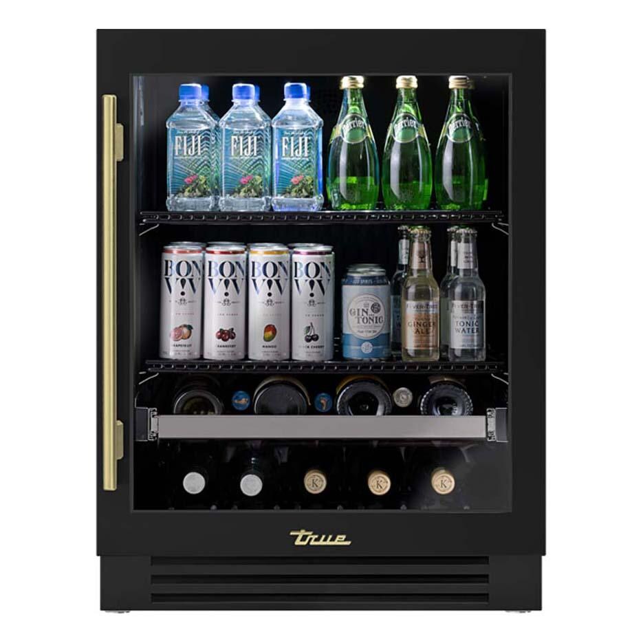 True ADA Height 24 Inch 105 Can 12 Bottle Right Hinge Glass Door Outdoor Beverage Center - Matte Black w/ Brass Handle - TUBADA-24-RG-A~027-H01