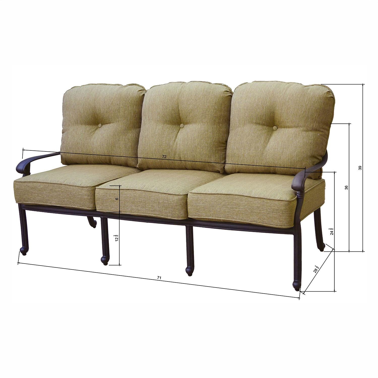 Darlee Santa Monica 3 Person Cast Aluminum Sofa in Antique Bronze/Sesame - Dimensions - Dimensional thumbnail