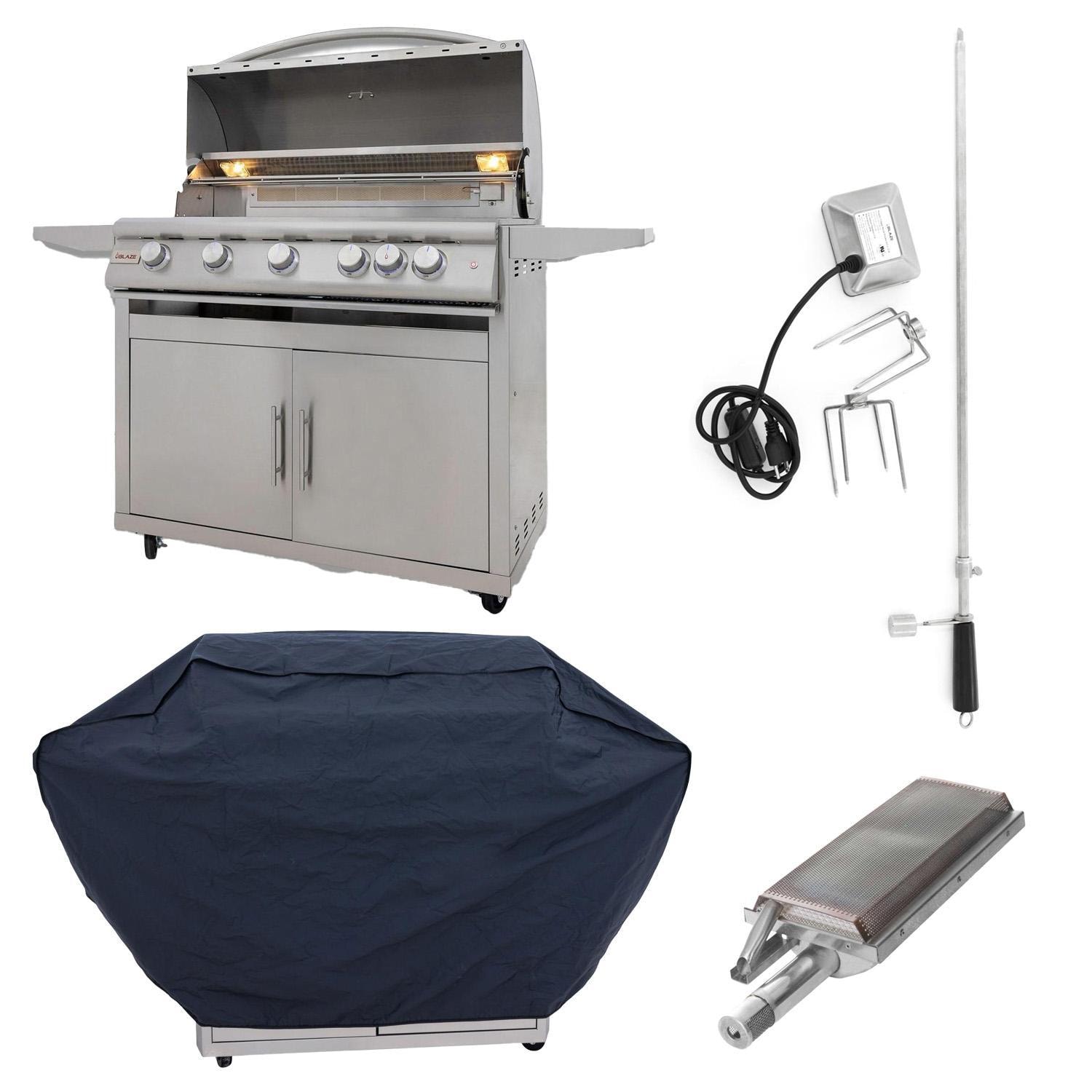 Blaze BLZ-5LTE3-LP Freestanding Propane Grill w/ Infrared Searing Burner, Rotisserie & Cover - Bundle - White Background thumbnail