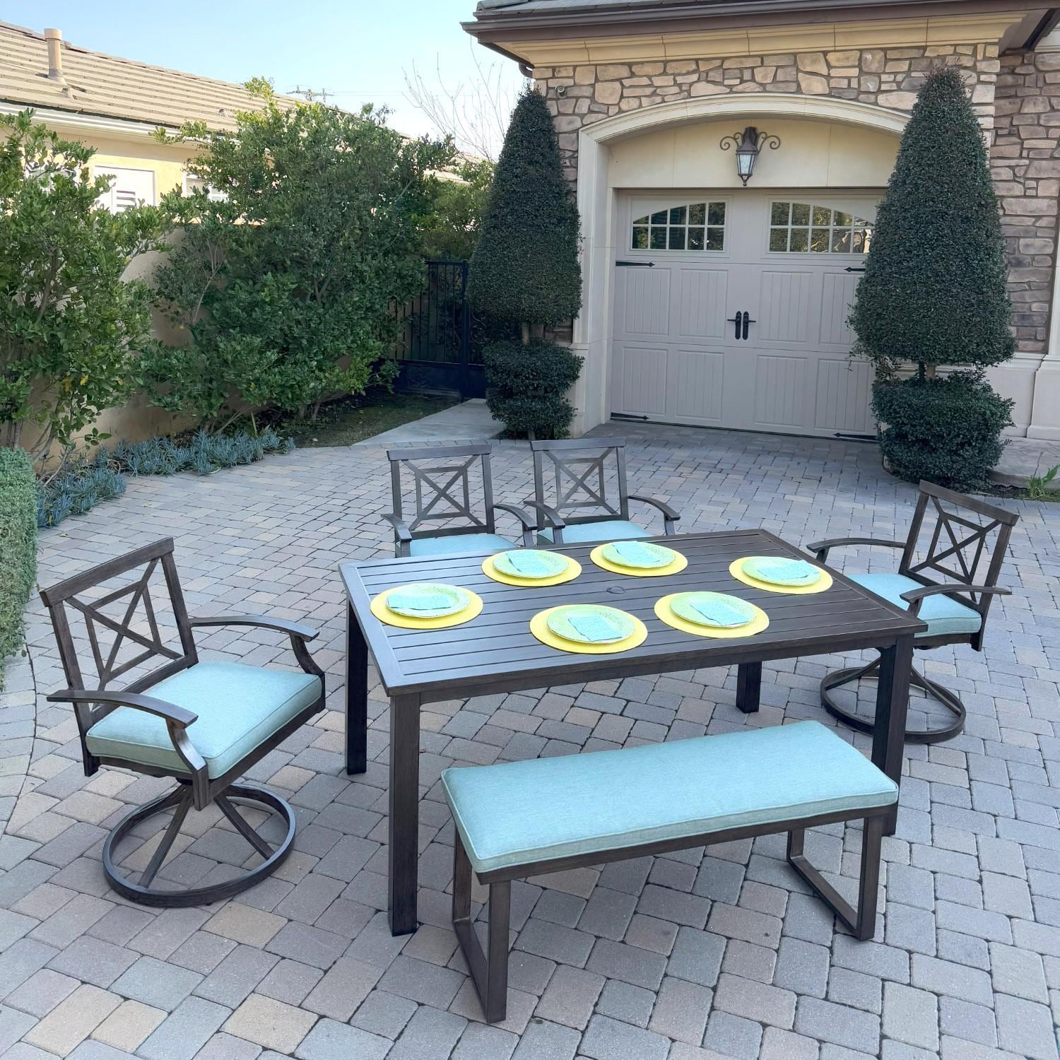 Atlantis 6 Pc Aluminum Dining Set w/ 4 Swivel Rocker Dining Arm Chairs & Two Person Bench in Walnut/Spa by Darlee