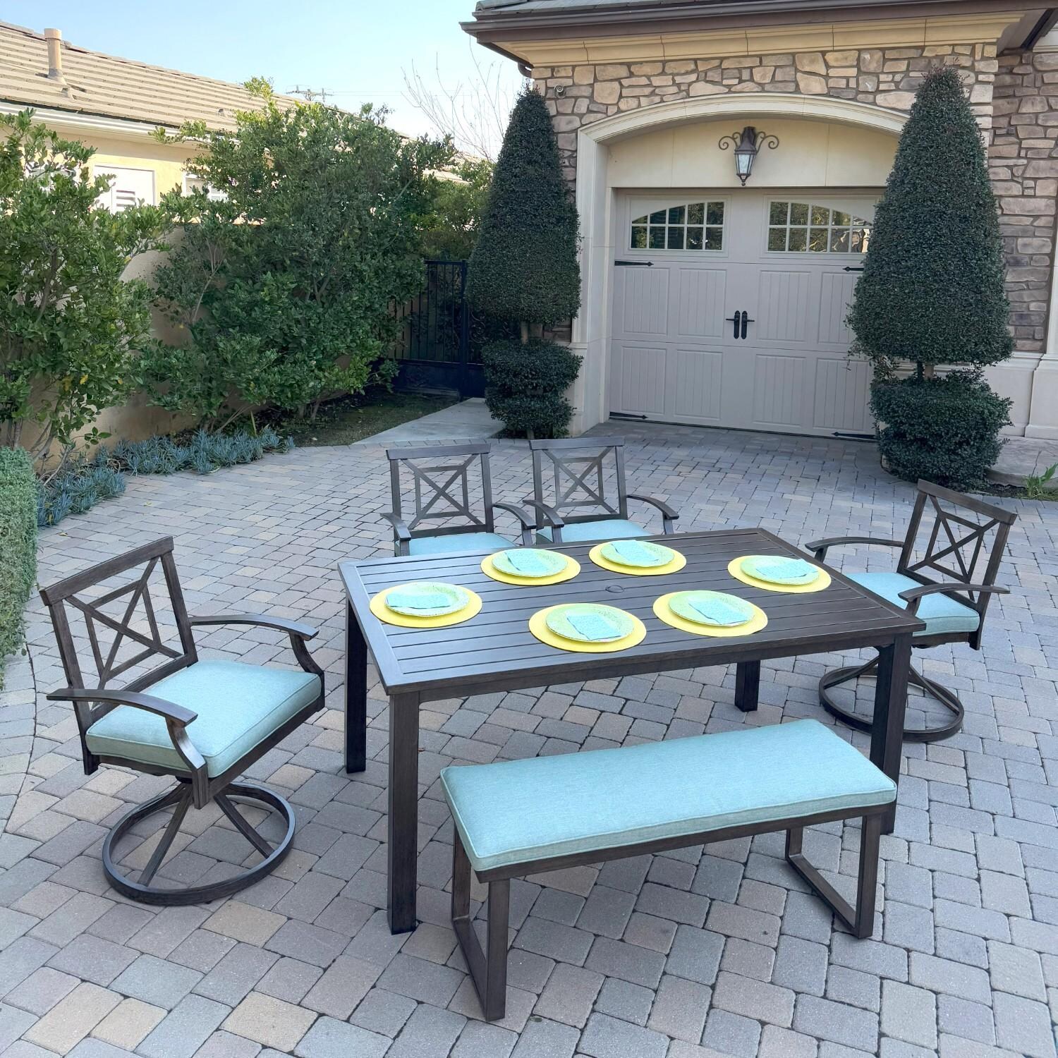 Atlantis 6 Pc Aluminum Dining Set w/ 4 Swivel Rocker Dining Arm Chairs & Two Person Bench in Walnut/Spa by Darlee - Hero - Lifestyle thumbnail