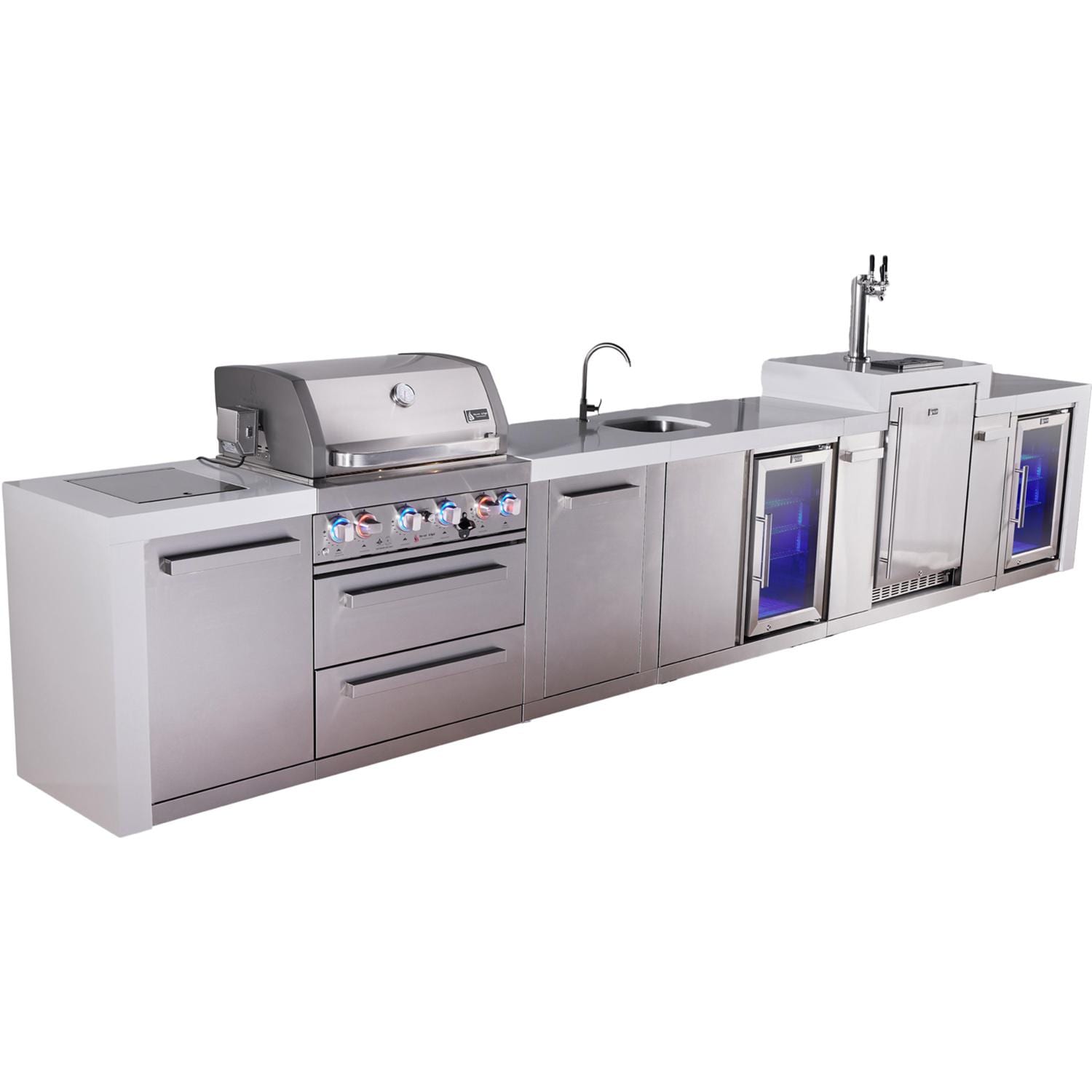 Mont Alpi Deluxe Series 16 Ft Propane Outdoor Kitchen Island w/ 32-in Grill, Side Burner, Beverage Center, Kegerator, Fridge & Extra Door - MAi400-DKEGBEVFCXL - Angled Left - White Background thumbnail