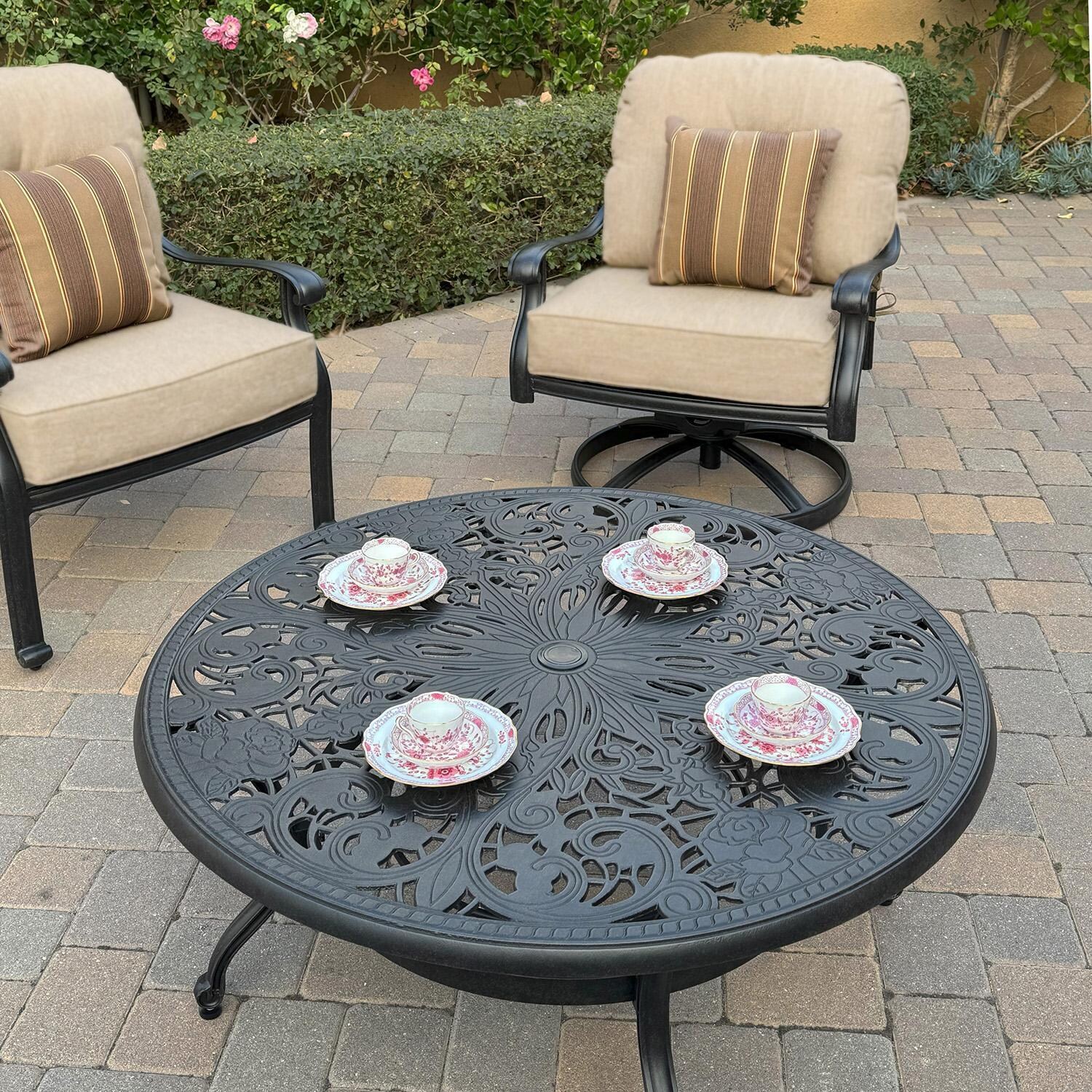Darlee Elisabeth 5 Pc Cast Aluminum Seating Set w/ 2 Swivel Club Chairs and 2 Club Chairs in Antique Bronze/Beige - Table - Lifestyle thumbnail