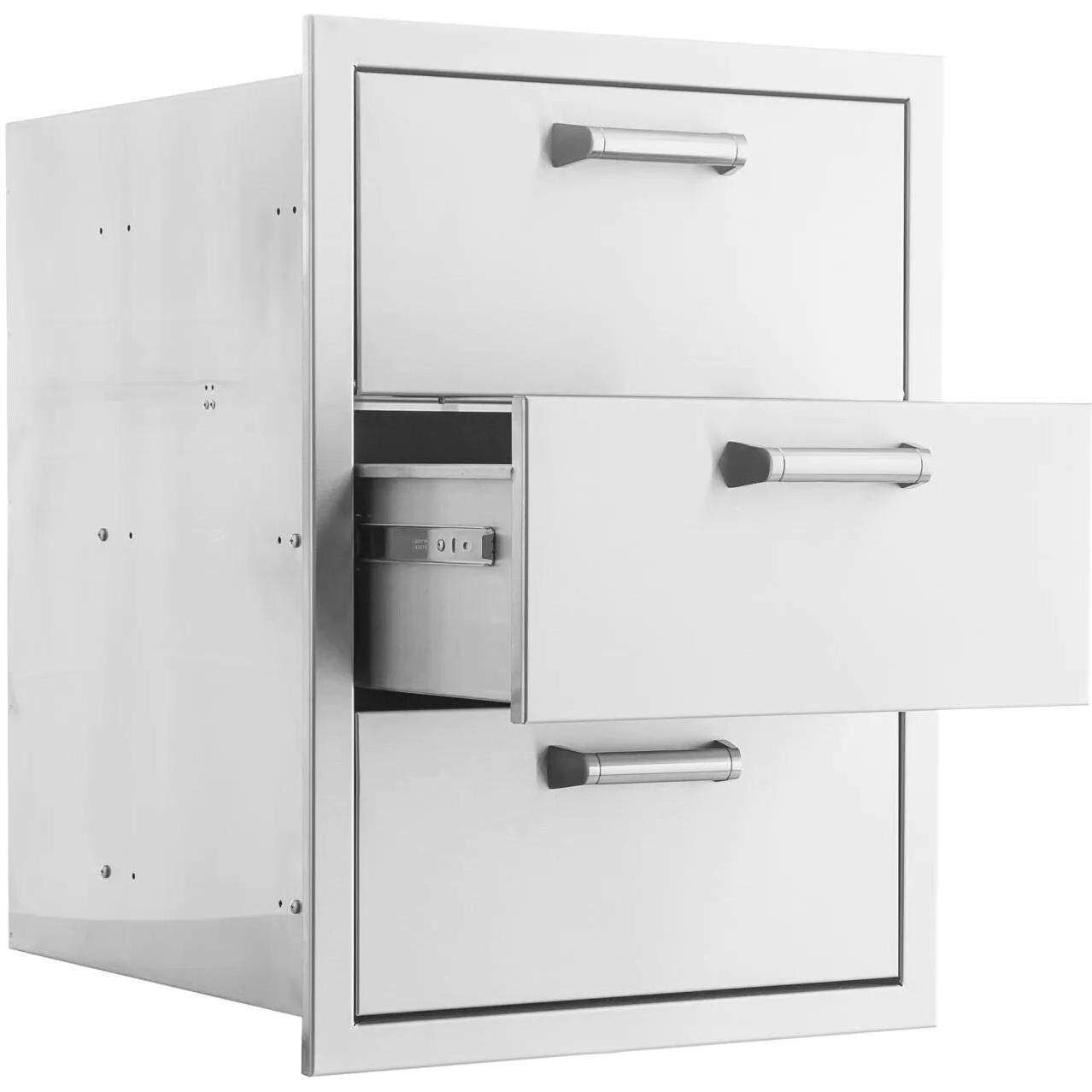 BBQGuys Signature 16-in Stainless Steel Double Access Drawer w/ Paper Towel Dispenser - Contempo Handles - Middle Drawer Open - White Background thumbnail