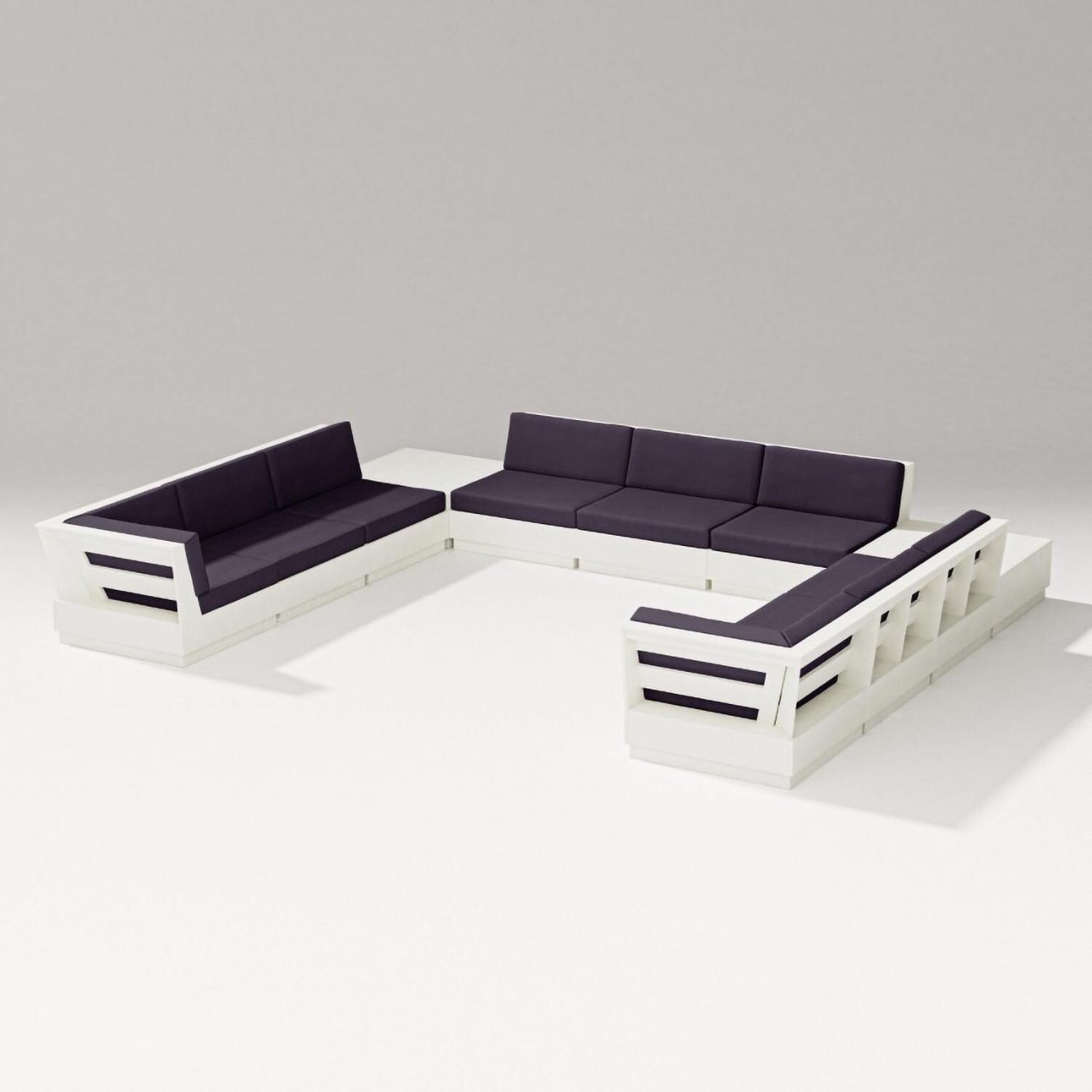 Elevate 11 Pc U-shaped Recycled Plastic Sectional Seating Set in Vintage White/Navy Linen By PW Designer Series