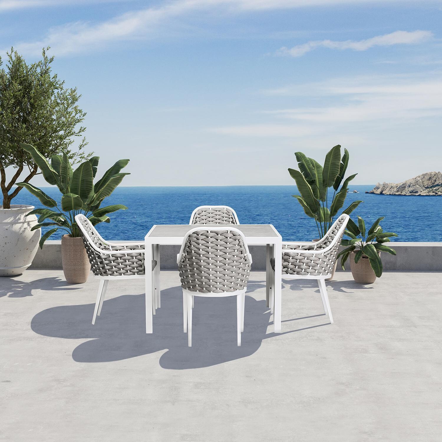 Chloe Bay 5 Pc Aluminum Square Dining Set in White by Lakeview - By The Water - Lifestyle thumbnail