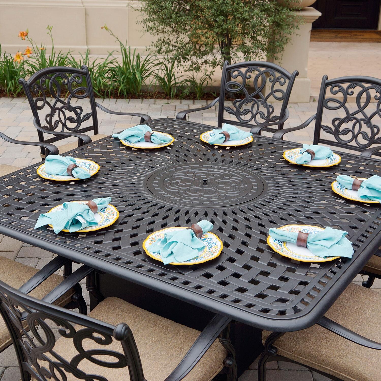 Signature 64 Inch Square Cast Aluminum Propane Fire Pit Dining Table in Antique Bronze by Darlee - With Seating Set - Close View - Lifestyle thumbnail