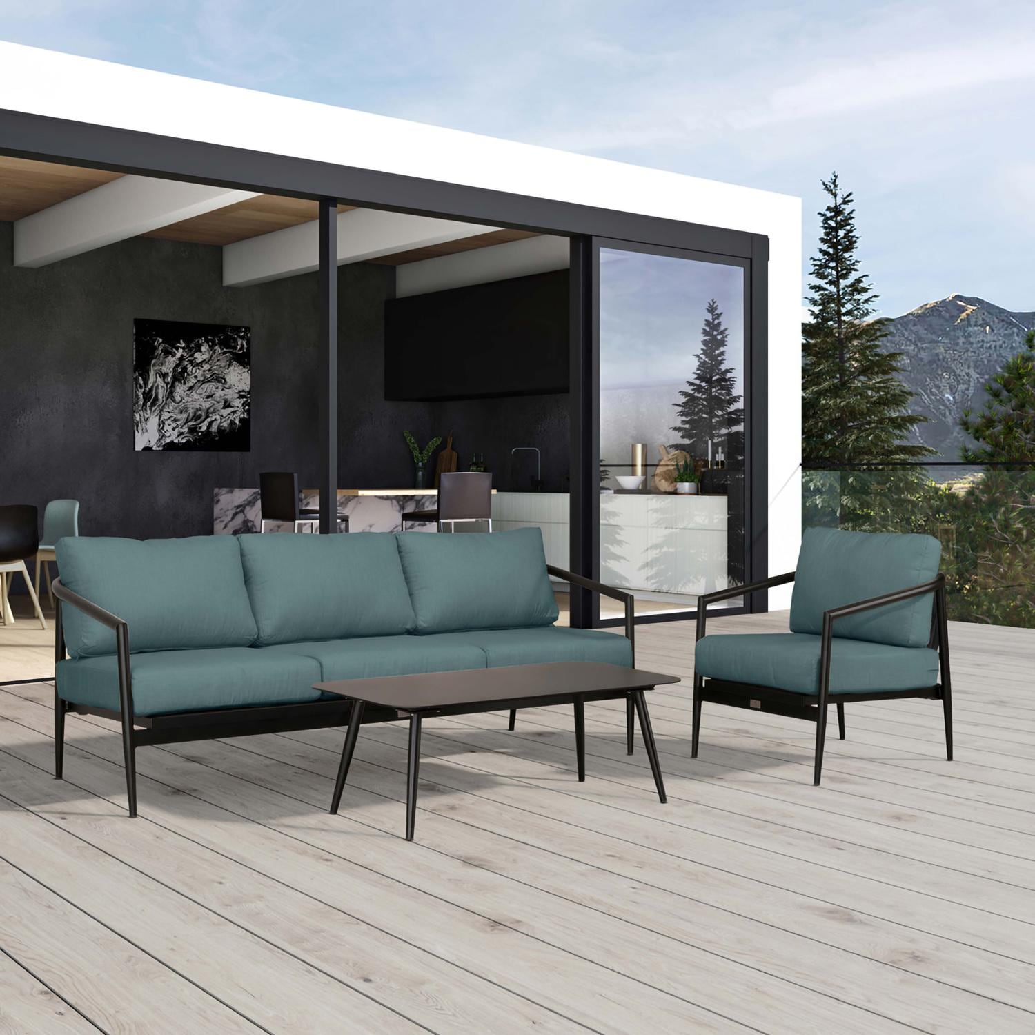 Lakeview Midnight Cove 3 Pc Aluminum Sofa Seating Set in Black/Carbon/Cast Lagoon - Detail - Lifestyle thumbnail