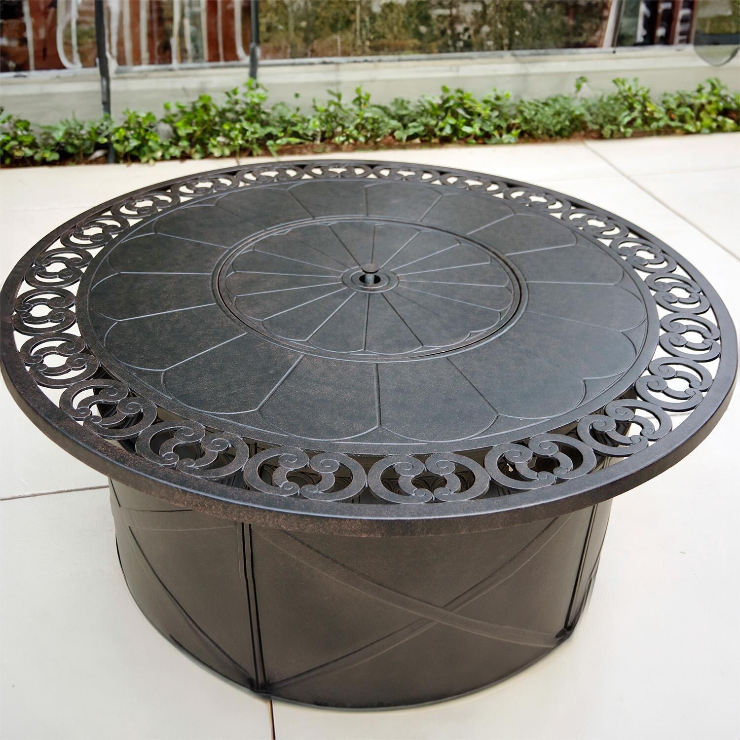 Darlee Nassau 5-Piece Patio Propane Fire Pit Deep Seating Set with Cushions and 47 Inch Round Fire Pit Chat Table and Fireglass - Fire Table - Lifestyle thumbnail