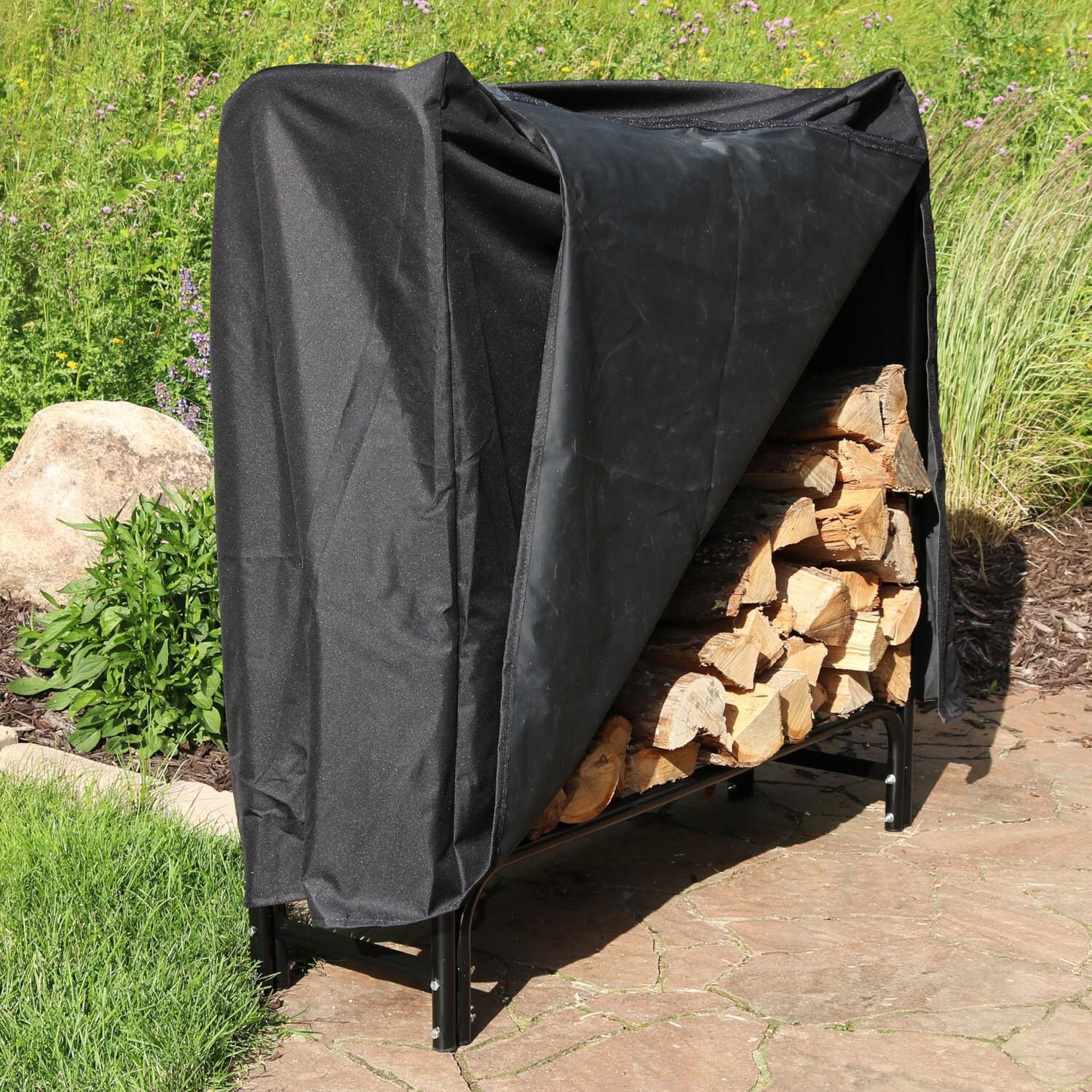 Ultimate Patio SC-QX-4LR-4LRC Firewood Log Rack Log Rack & Black Cover - 4-Foot - Lifestyle - Cover Open thumbnail