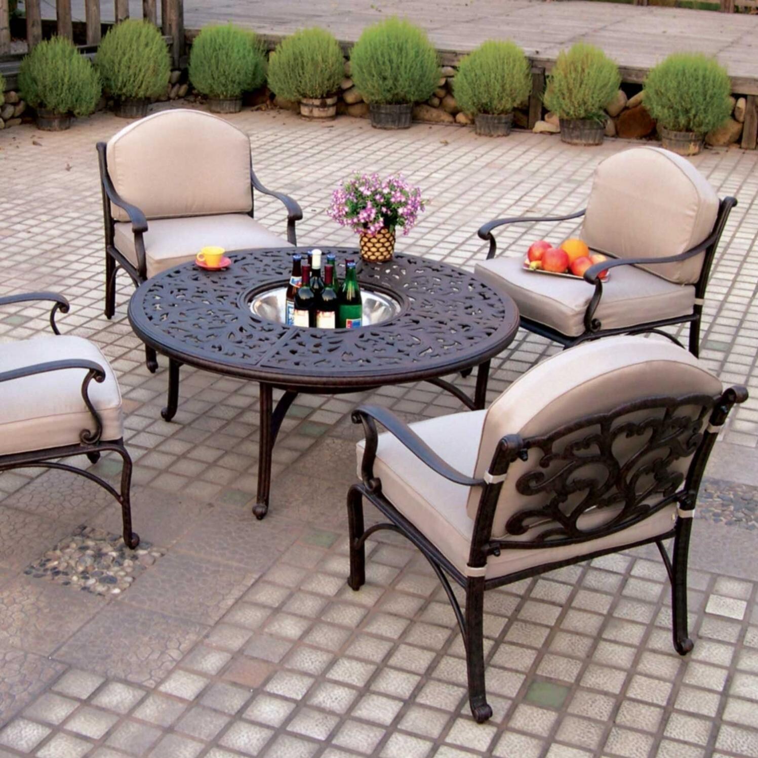Darlee Catalina 5 Piece Cast Aluminum Patio Conversation Seating Set - Chat Table With Ice Bucket Insert