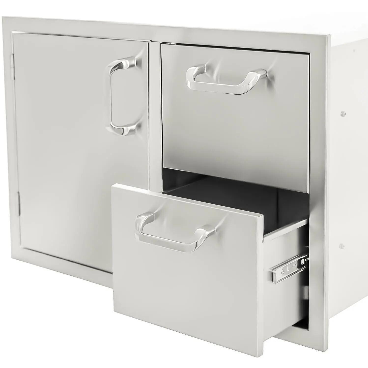 BBQGuys BBQ-260-COMBO30 Signature Series 30-Inch Stainless Steel Left-Hinged Access Door & Double Door Combo - Drawer Open thumbnail