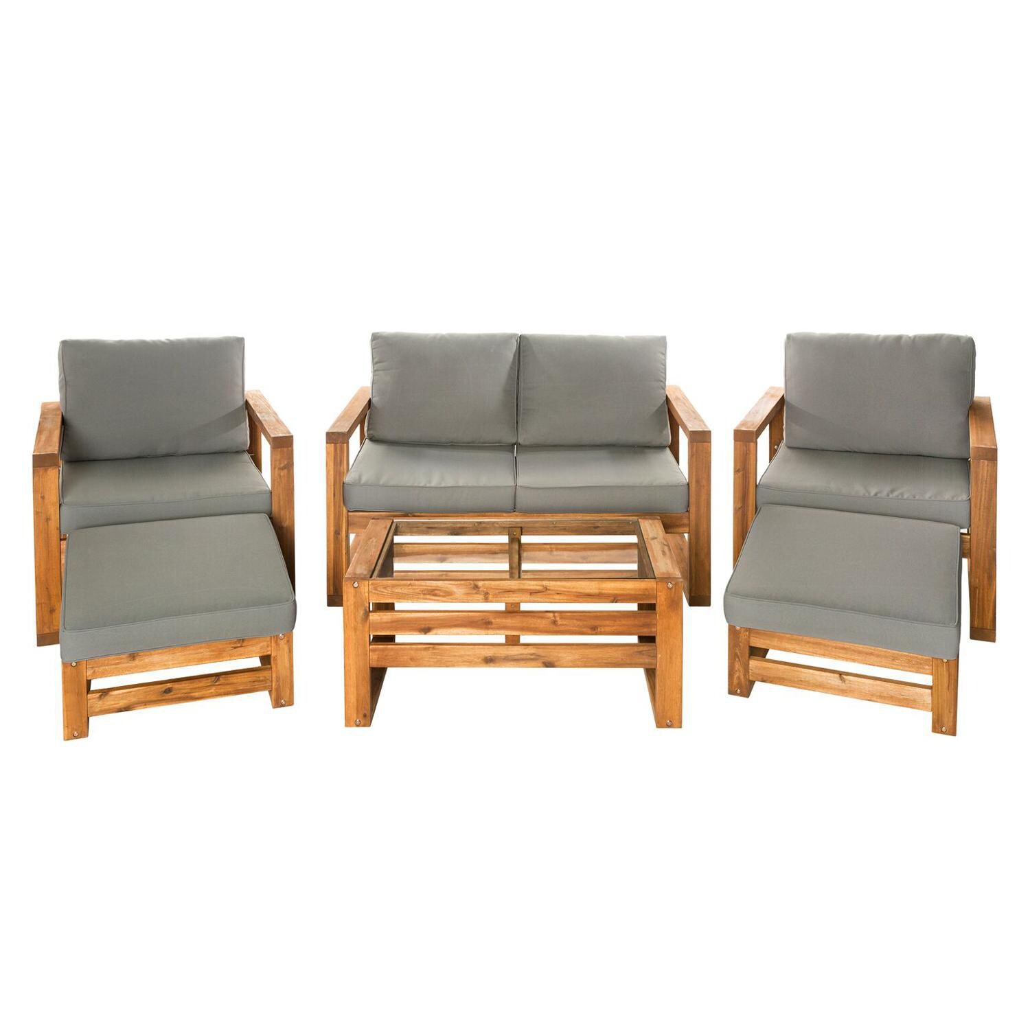 Ultimate Patio Window Bay 6 Piece Acacia Patio Conversation Set W/ Gray Cushions - Front View thumbnail