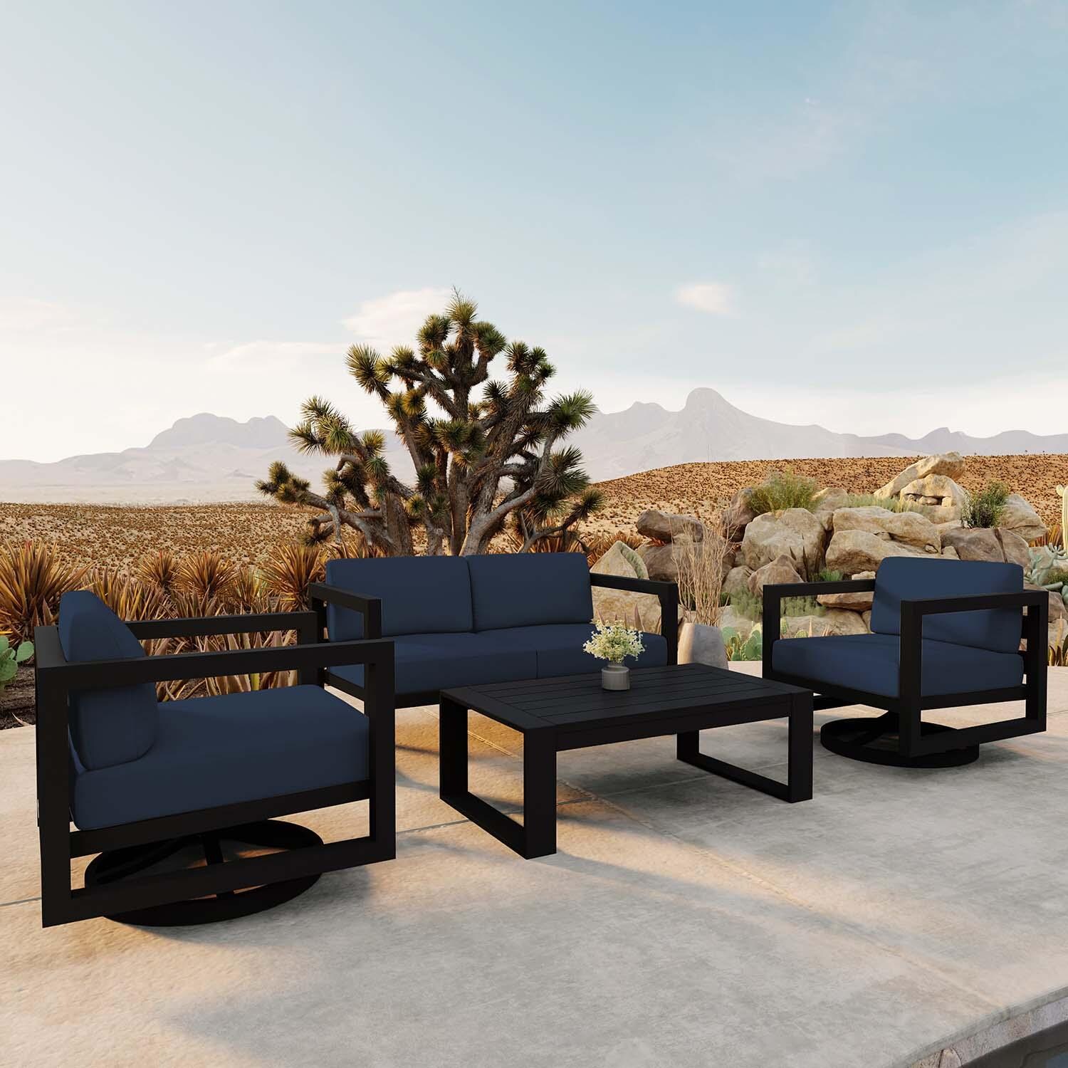 Misty Cove 4 Pc Aluminum Loveseat Seating Set w/ Swivel Chairs in Black/Spectrum Indigo by Lakeview Outdoor Designs - Angled - Lifestyle thumbnail