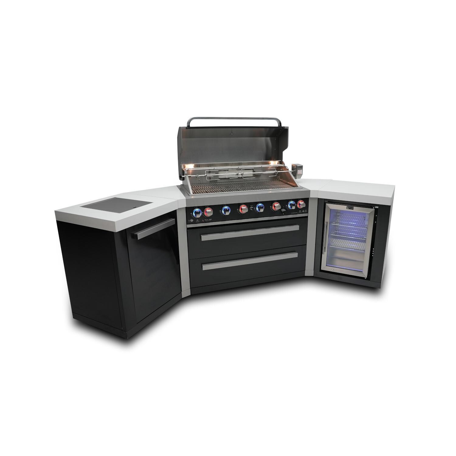 Mont Alpi MAi805-BSS45FC 805 Propane Island W/ 45 Degree Corners & Fridge Cabinet - Hood Open - White Background thumbnail