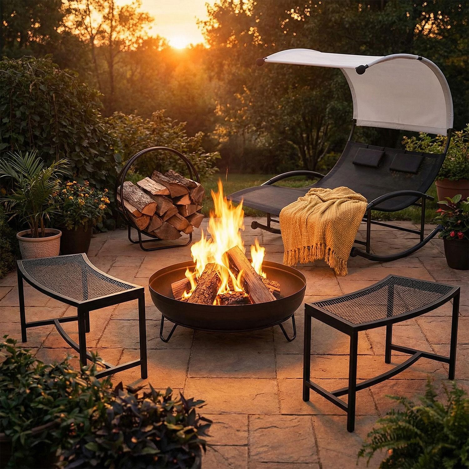 Ultimate Patio Black Mesh Patio Fire Pit Bench - 2 Benches - Around the Fire Pit - Lifestyle