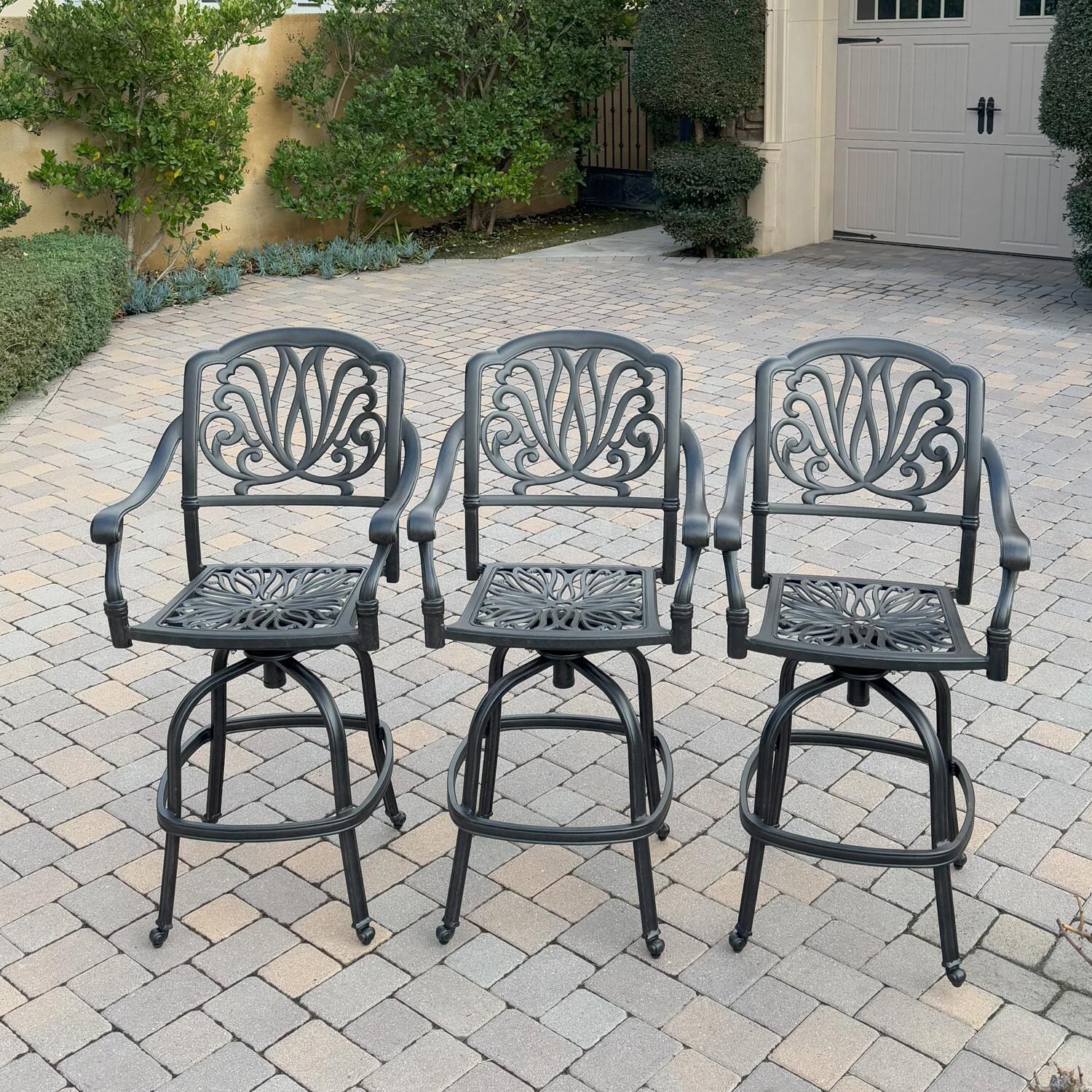 Darlee Elisabeth 3-Pc Cast Aluminum Bar Height Bar Stool Set in Antique Bronze/Beige - Full Set - Front View w/ no Cushion - Lifestyle thumbnail