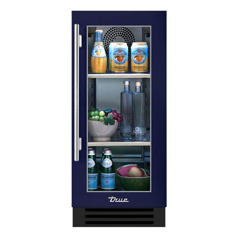 True TUR-15-R-OG-C~DSK-078-H04 15 Inch 3.14 Cu. Ft. Right Hinge Glass Door Outdoor Refigerator - Cobalt w/ Stainless Steel Handles - White Background thumbnail