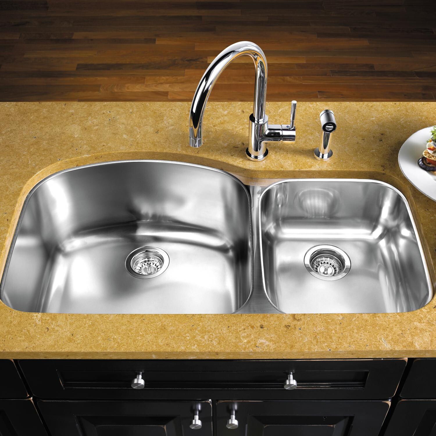 Blanco Wave 37 X 20 18-Gauge Double Bowl Stainless Steel Undermount Sink - Installed (Shown With Faucet & Drain - Not Included) thumbnail
