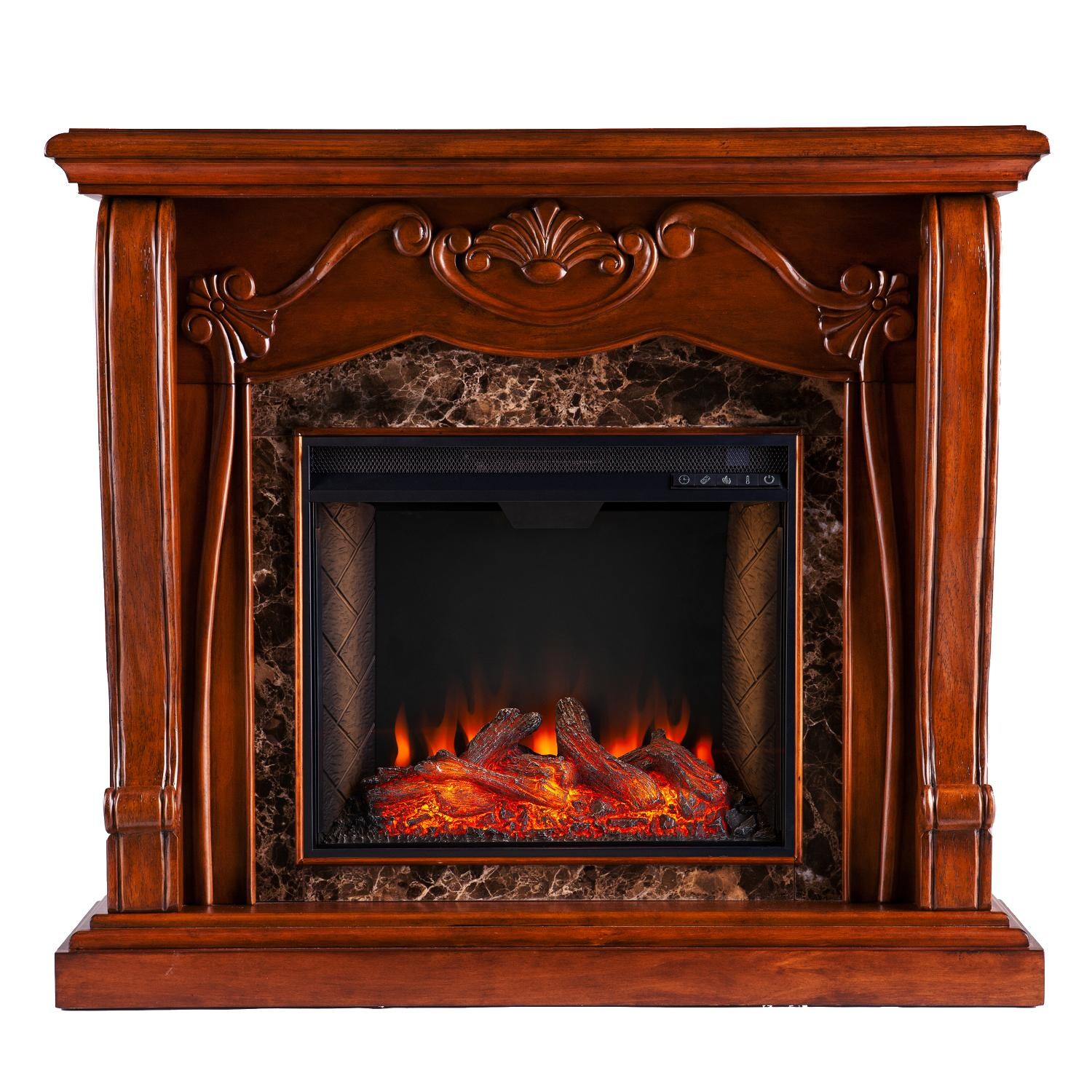 Southern Enterprises FS9664 Cardona 45-Inch Electric Fireplace W/ Alexa-Enabled Smart Firebox - Walnut W/ Faux Marble Surround - Front View thumbnail