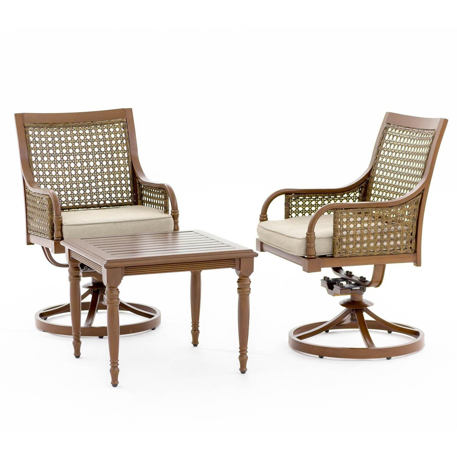 Arabella 3 Piece Aluminum Outdoor Bistro Set W/ Swivel Rocker Dining Chairs & Sunbrella Cast Ash Cushions - Right Angled View thumbnail