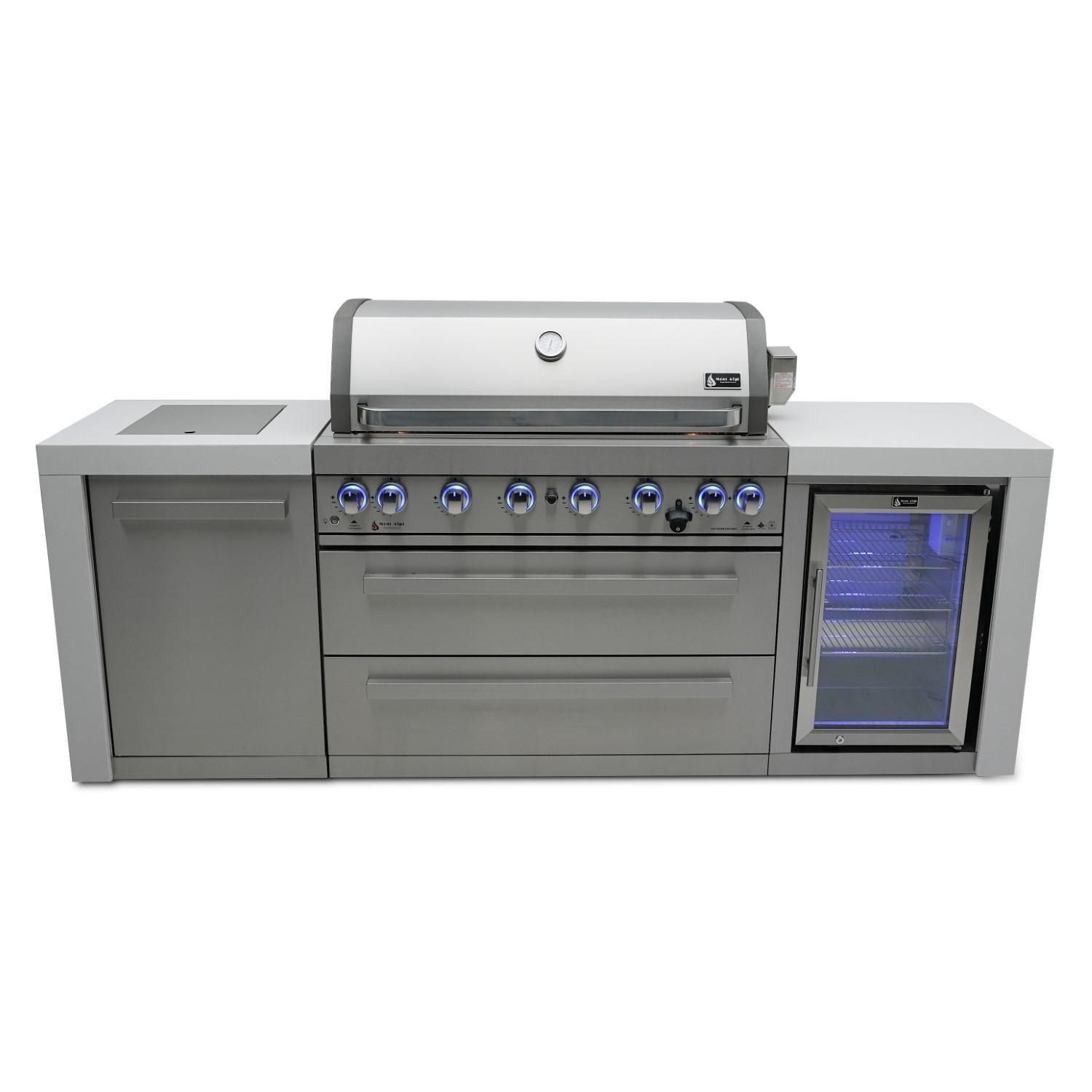 Mont Alpi MAi805-DFC Deluxe Propane Gas Island Grill W/ Refrigerator Cabinet - White Background thumbnail