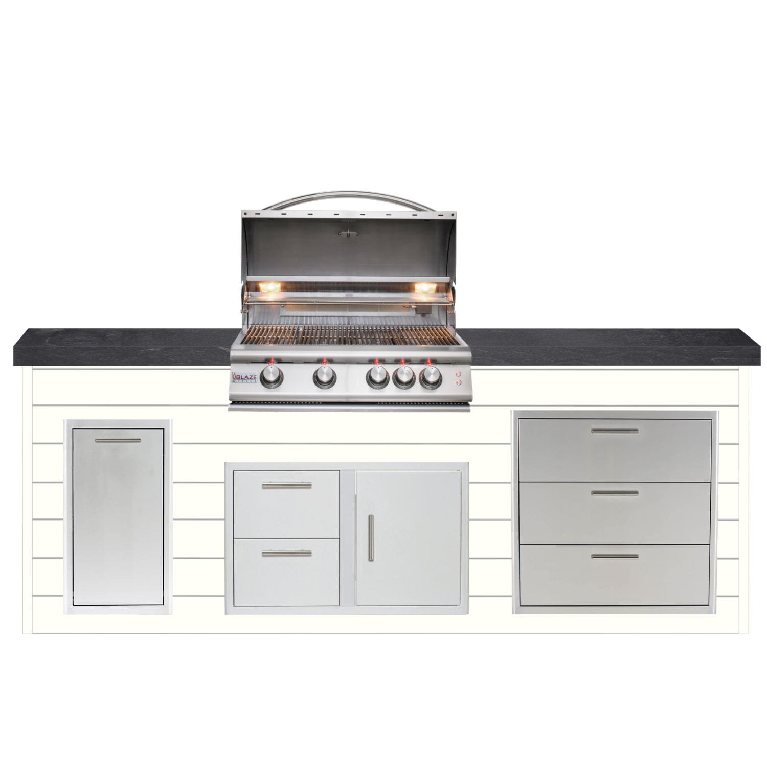 BBQGuys Signature 8ft Luxury Outdoor Island W/ Blaze Premium LTE 32-Inch Propane Grill - Canvas White Steel W/ Black Polished Granite