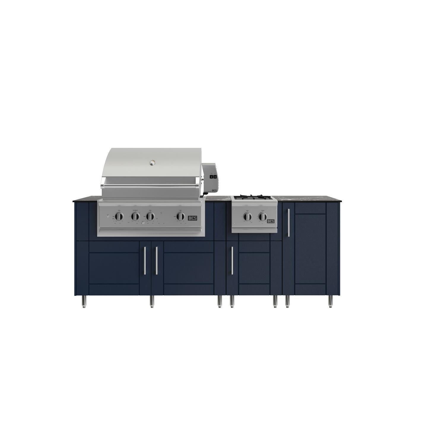 WeatherStrong Abaco 7 Ft Outdoor Kitchen Island w/ DCS Propane Grill & Side Burner in Sapphire Blue/Midnight Ice - Island - White Background thumbnail