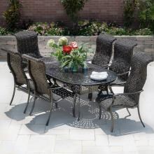 Du Monde 7 Piece Banana Leaf Wicker Patio Dining Set W/ 84 X 42 Inch Oval Dining Table By Lakeview Outdoor Designs image