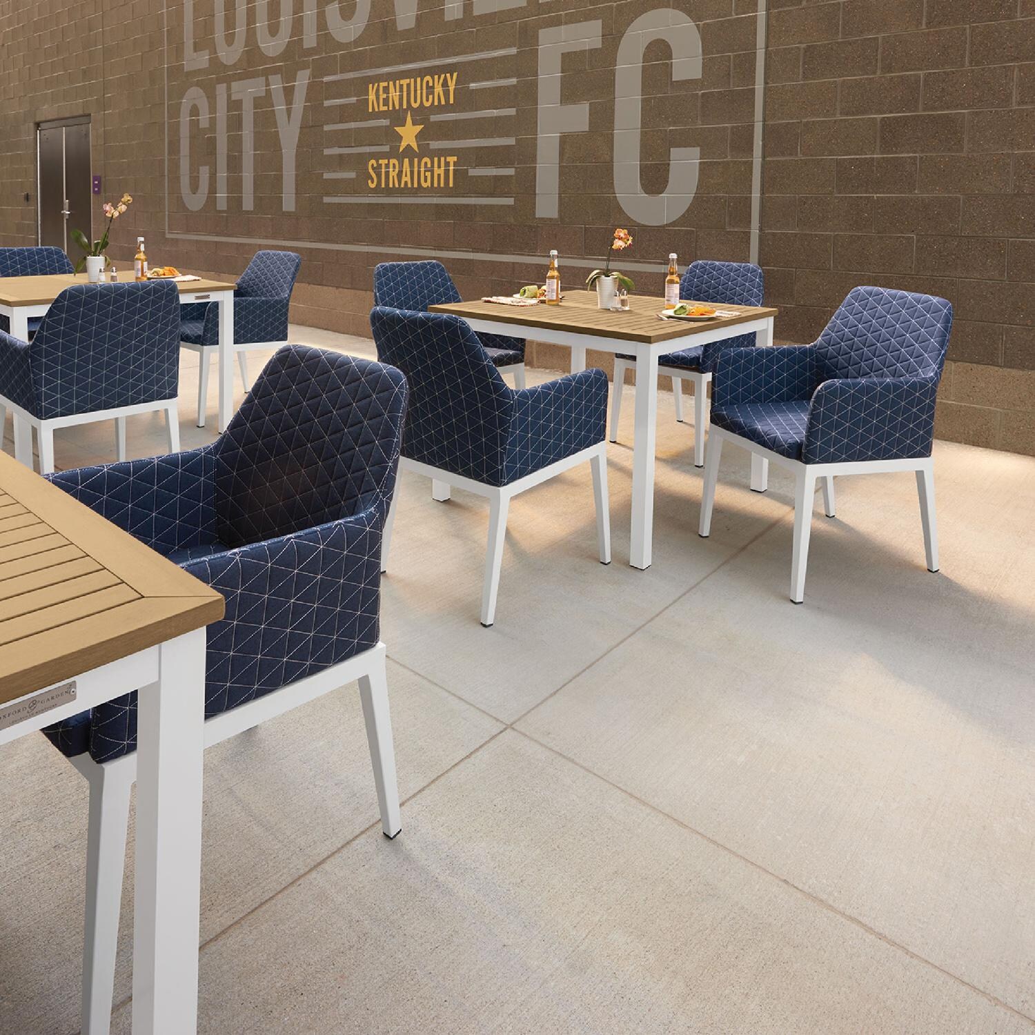 Oxford Garden Oland Aluminum Dining Chair in Chalk/Quilted Spectrum Indigo - Outdoor Dining thumbnail