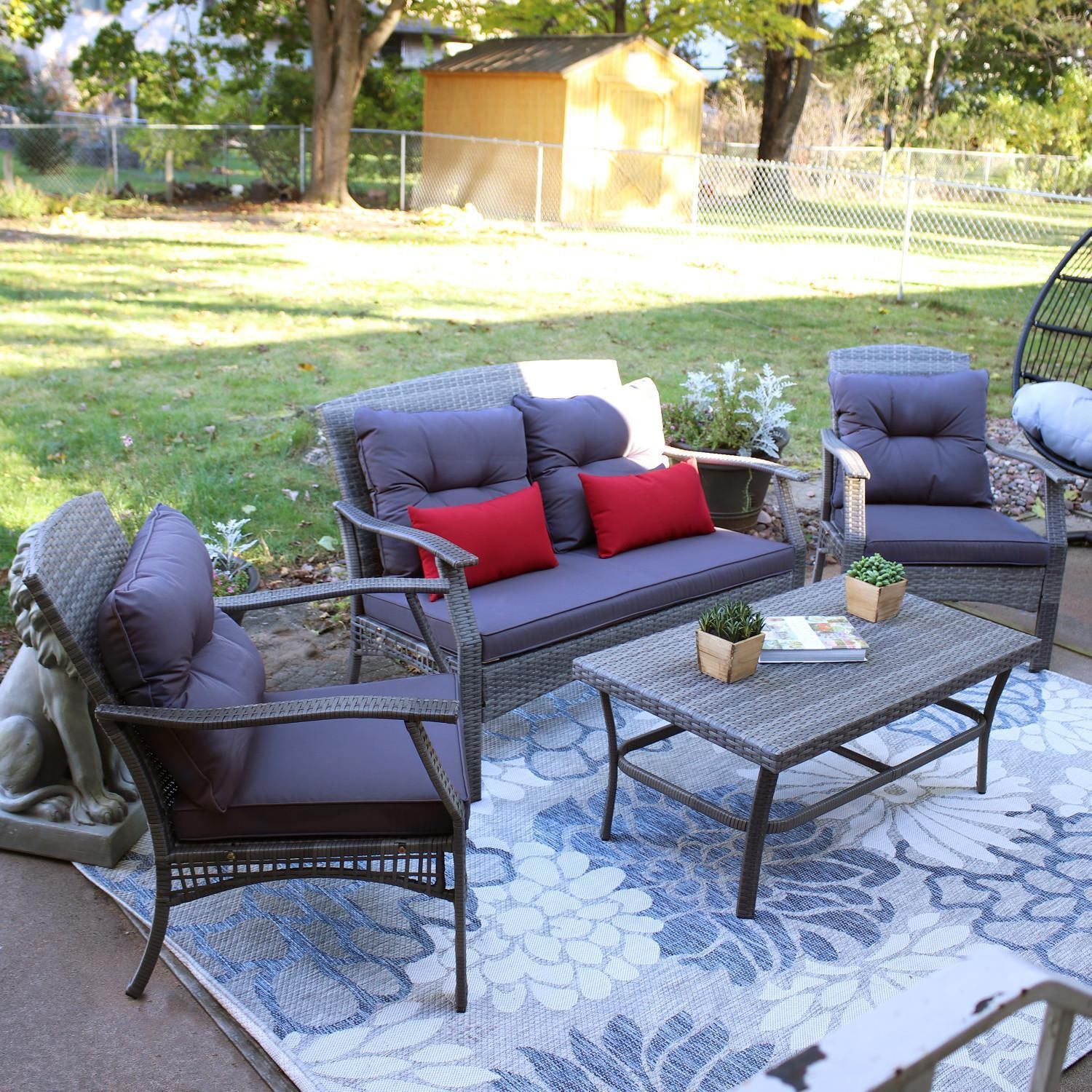 Ultimate Patio 4-Piece Resin Wicker Patio Conversation Set W/ Charcoal Cushions & Red Pillows - Lifestyle thumbnail