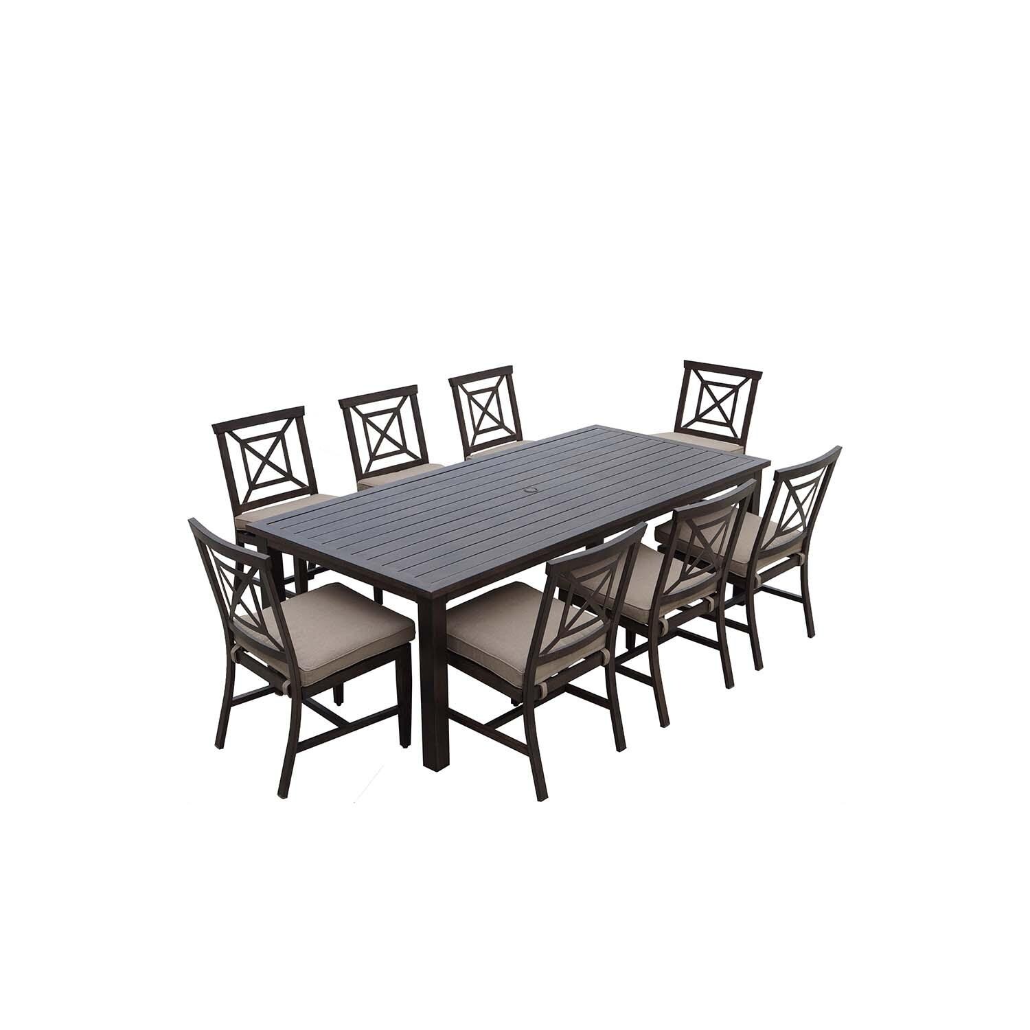 Atlantis 9 Pc Aluminum Dining Set w/ 88 Inch Table and Beige Cushions in Walnut By Darlee - Angled View - White Background thumbnail