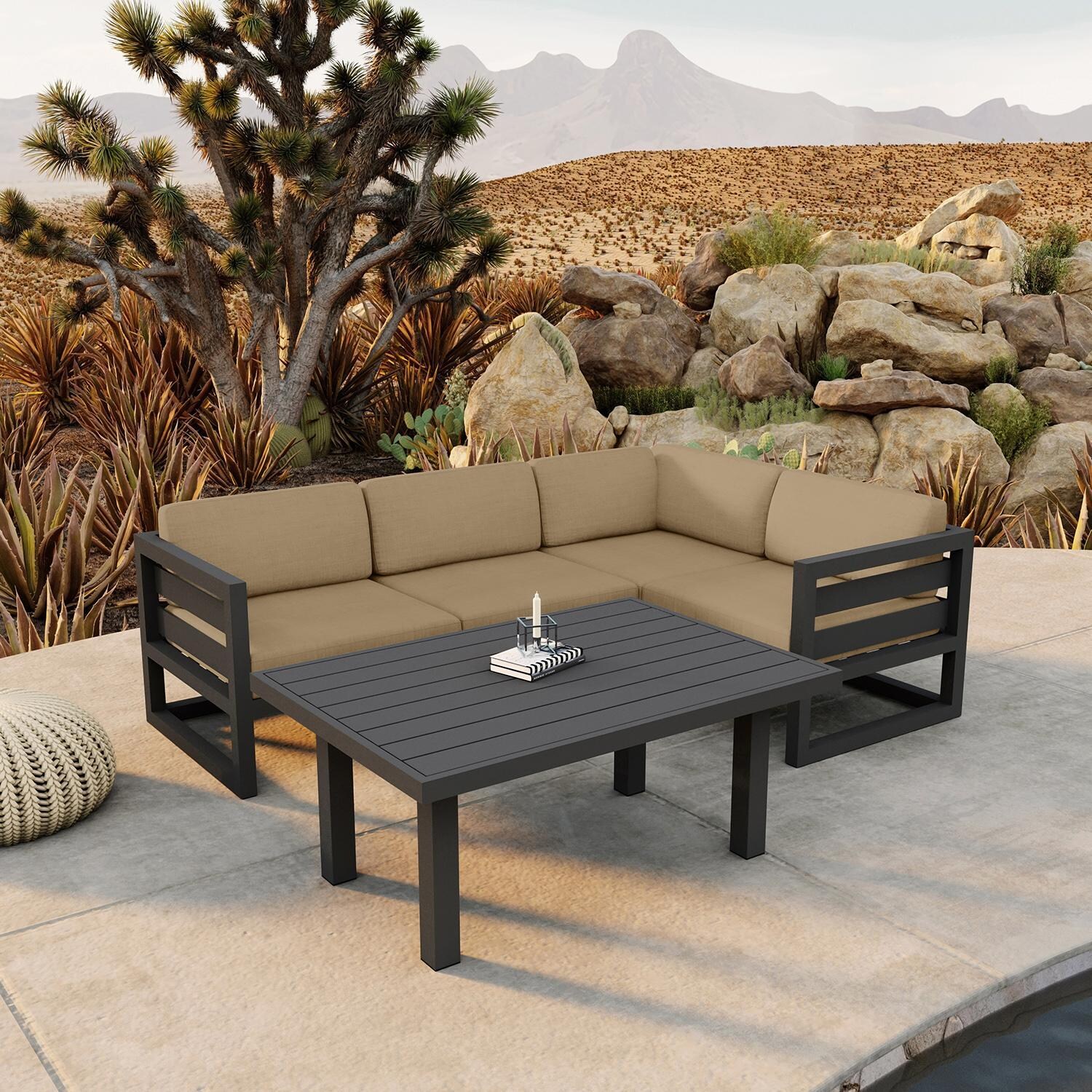 Misty Cove 5 Pc Aluminum Seating Set w/ Sectional & Classic Chat Table in Slate/Heather Beige by Lakeview Outdoor Designs