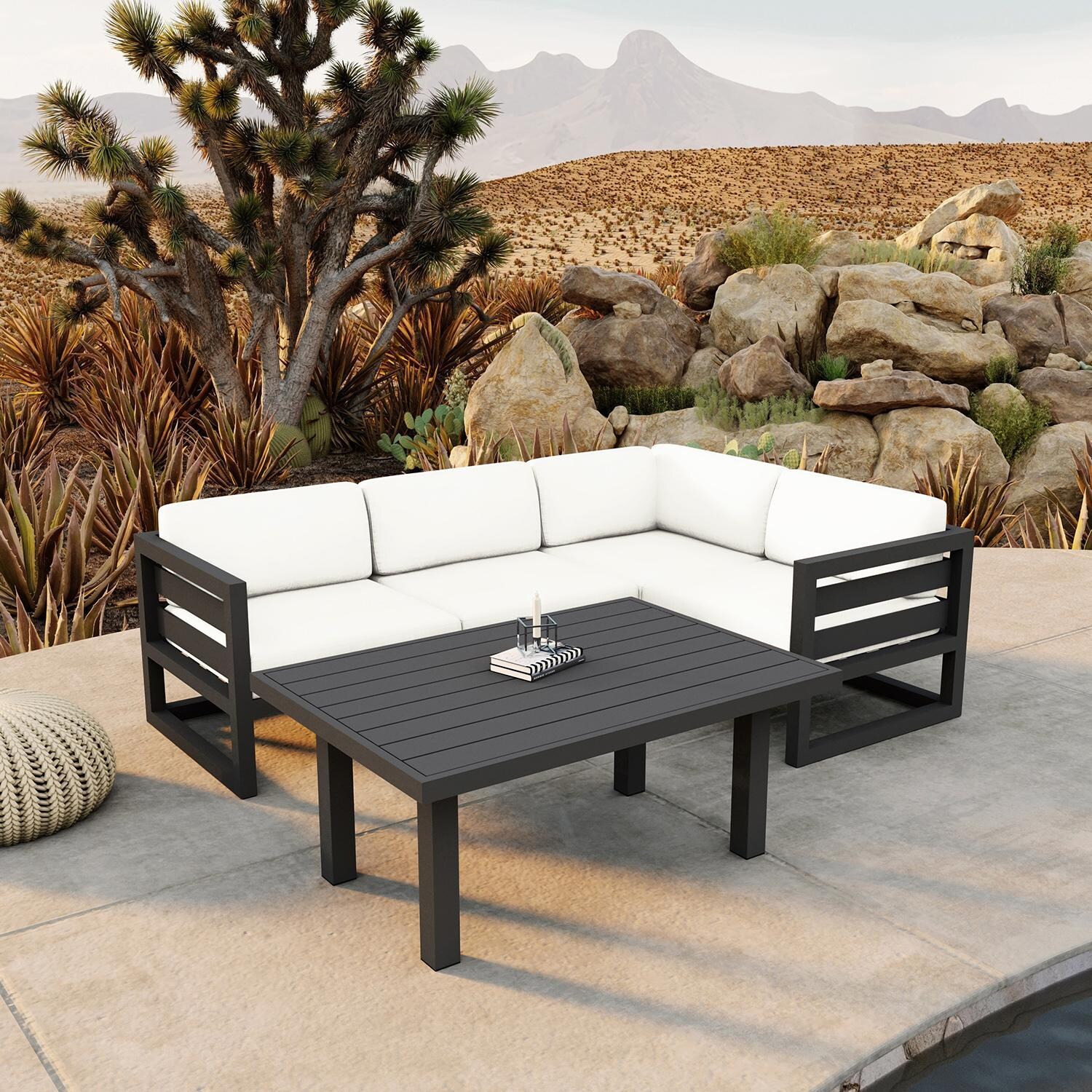 Misty Cove 5 Pc Aluminum Seating Set w/ Sectional & Classic Chat Table in Slate/Canvas Natural by Lakeview Outdoor Designs