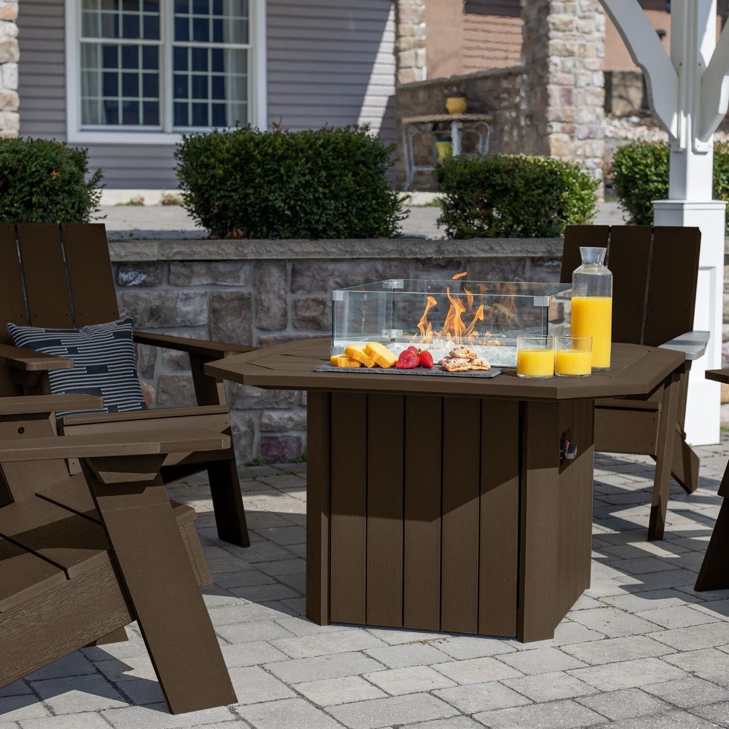 Harborview 5 Pc Adirondack Set W/ Fire Pit Table in Weathered Acorn by Lakeview Outdoor Designs - Fire Pit Table Close Up - Detail thumbnail