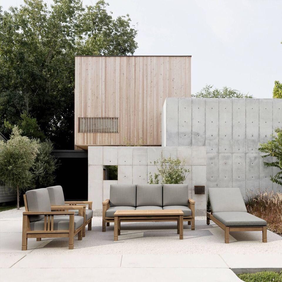 Sawgrass Bay 6 Pc Teak Seating Set w/ Chaise Lounge in Cast Slate by Lakeview Outdoor Designs