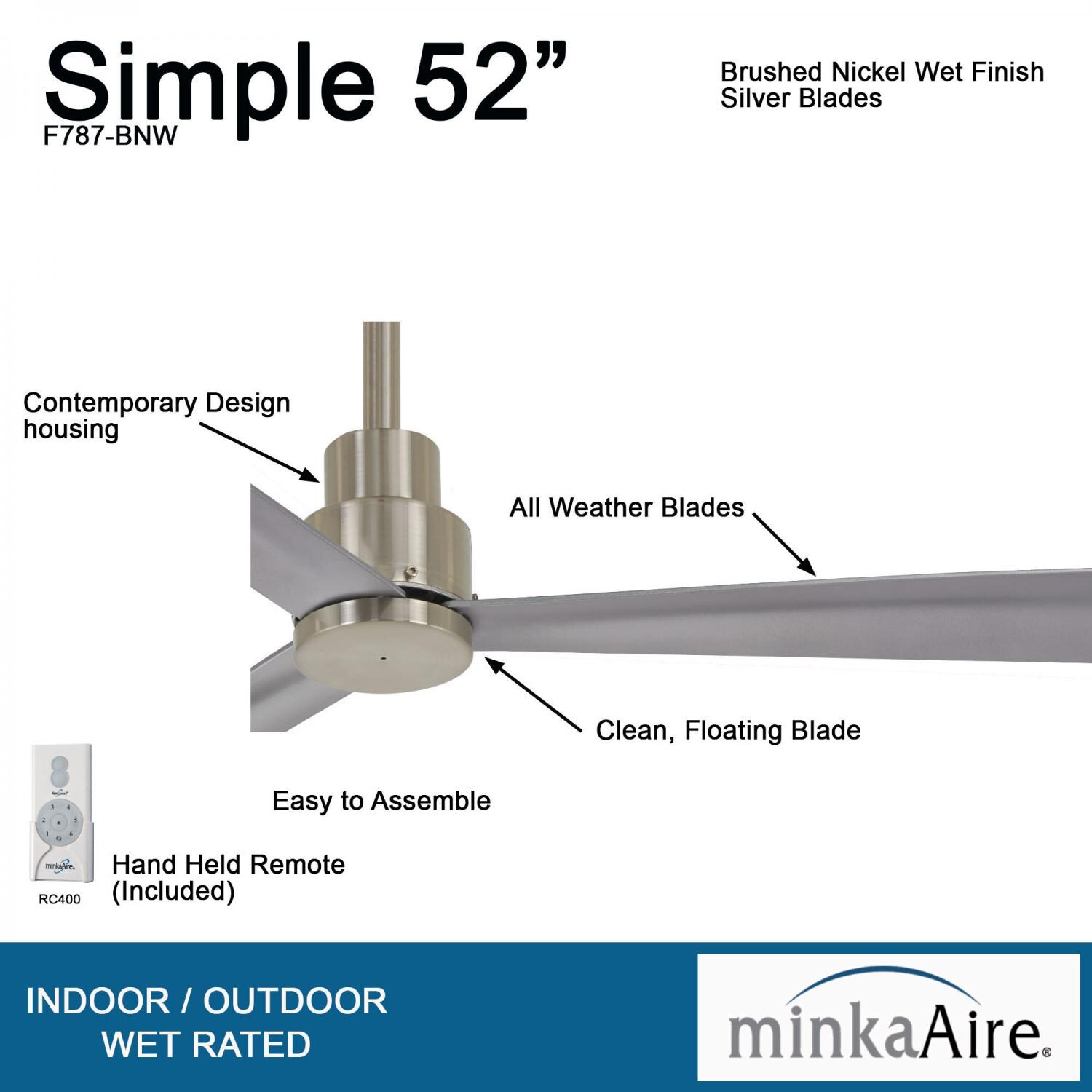 Minka-Aire F787-BNW Simple 52-Inch 3-Blade Ceiling Fan in Brushed Nickel Finish w/ Silver Blades - Details thumbnail