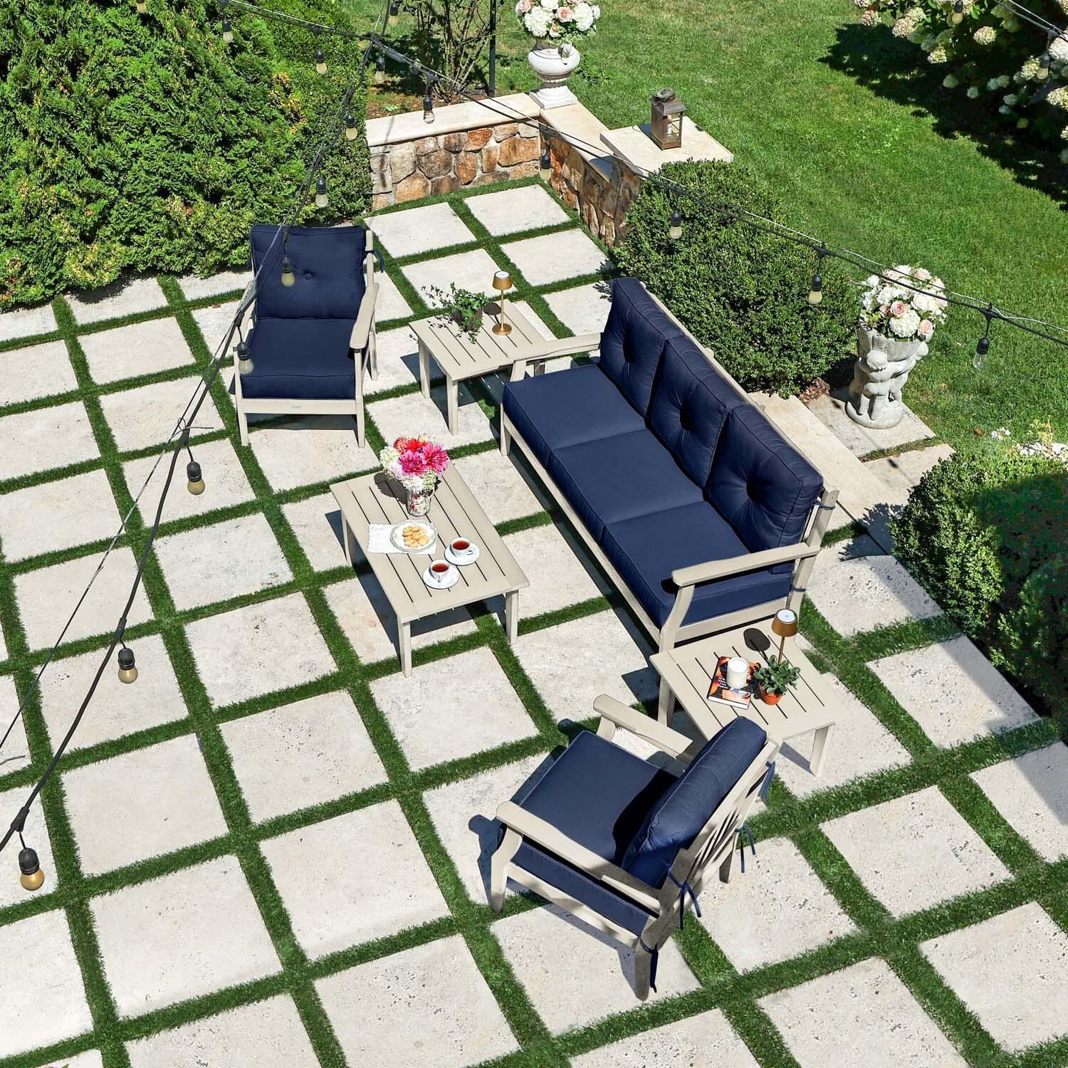 Blushing Bay 6 Pc Recycled Plastic Seating Set w/ Sofa in Spectrum Indigo/Whitewash by Lakeview Outdoor Designs - Top View - Lifestyle thumbnail